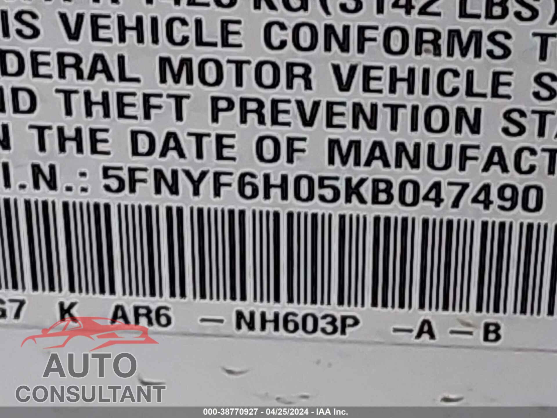 HONDA PILOT 2019 - 5FNYF6H05KB047490