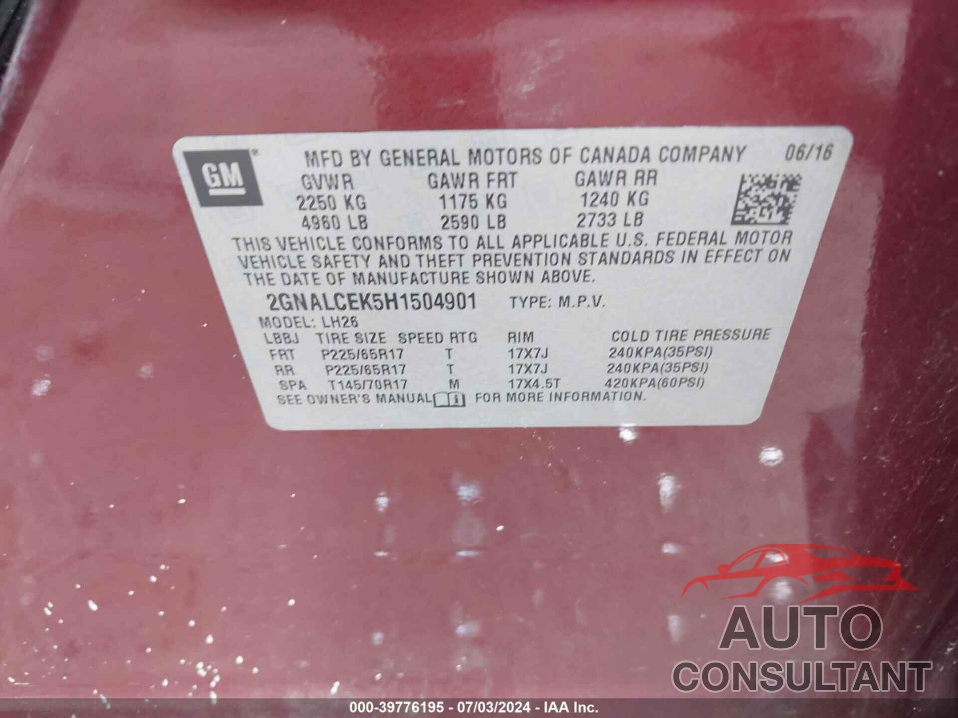 CHEVROLET EQUINOX 2017 - 2GNALCEK5H1504901