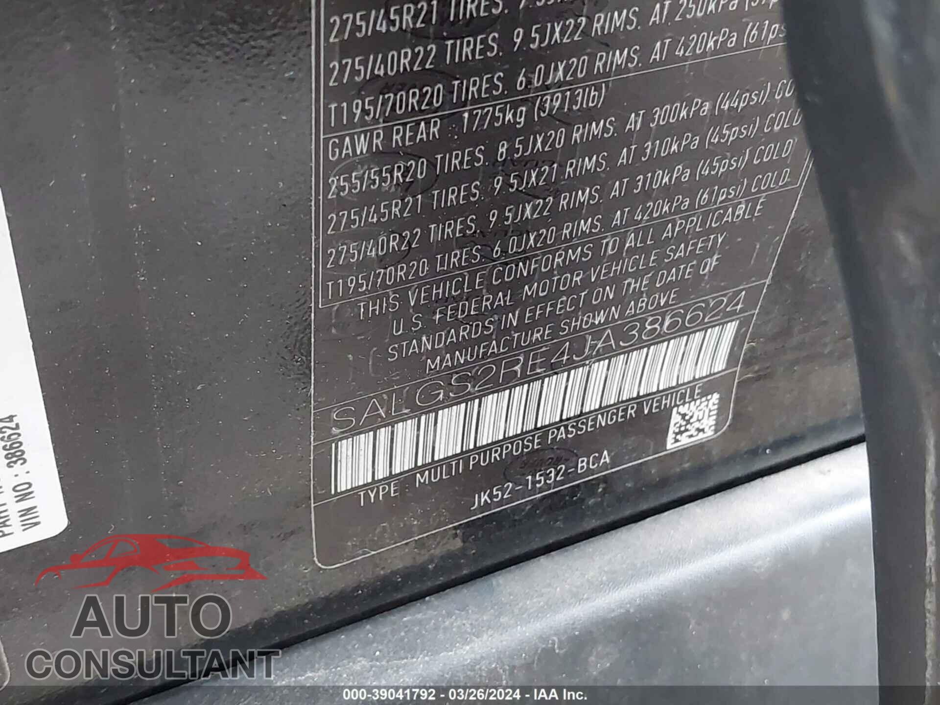 LAND ROVER RANGE ROVER 2018 - SALGS2RE4JA386624
