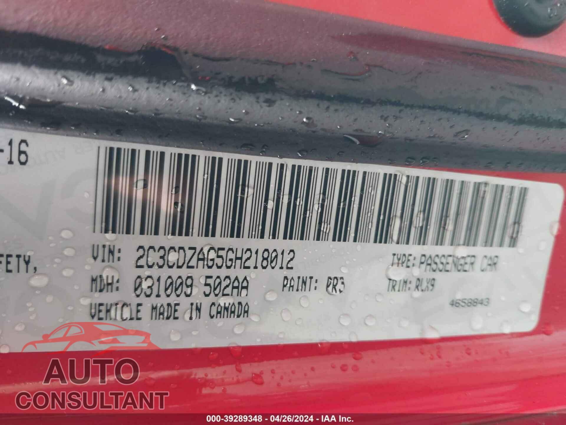 DODGE CHALLENGER 2016 - 2C3CDZAG5GH218012