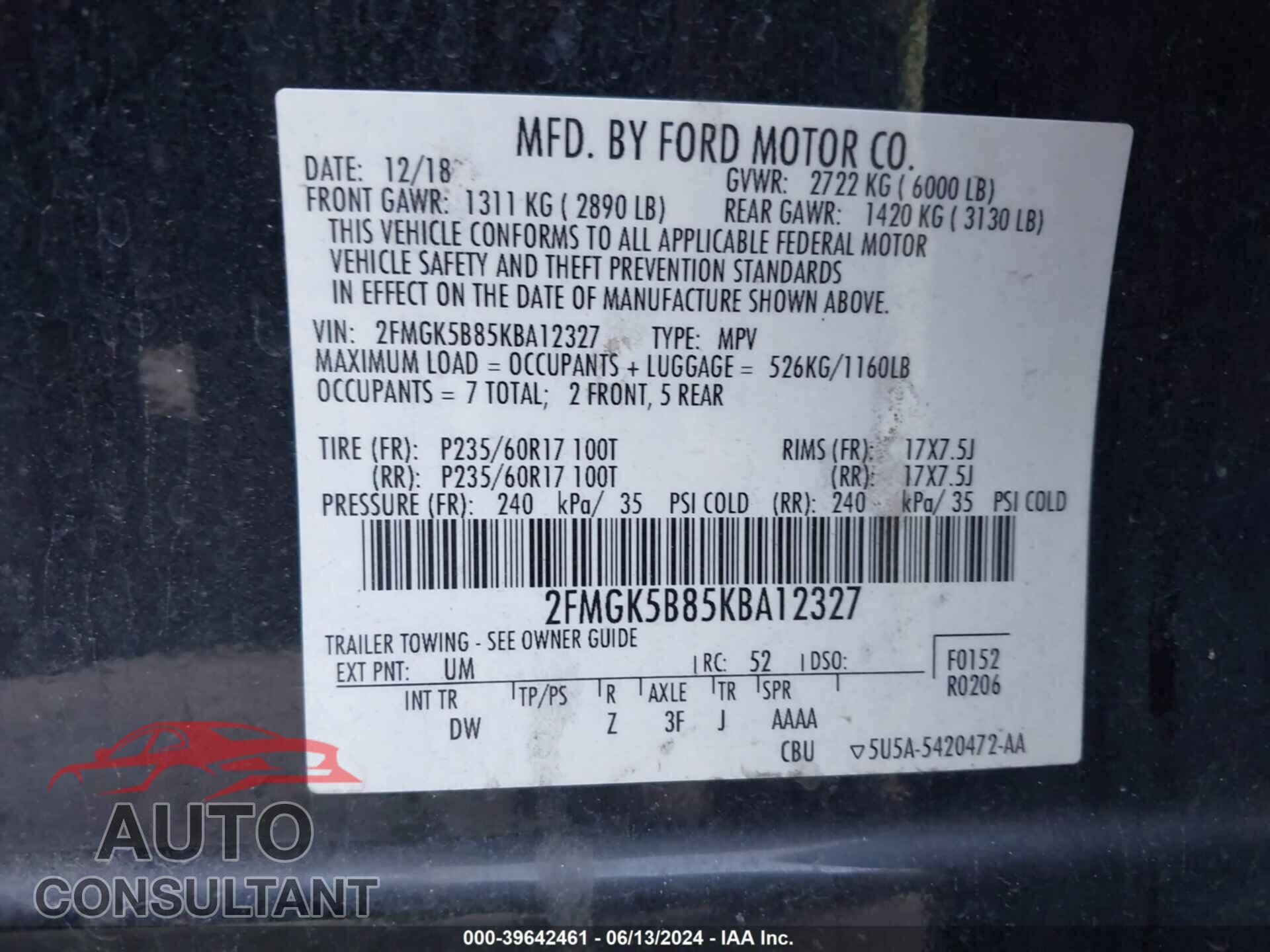 FORD FLEX 2019 - 2FMGK5B85KBA12327
