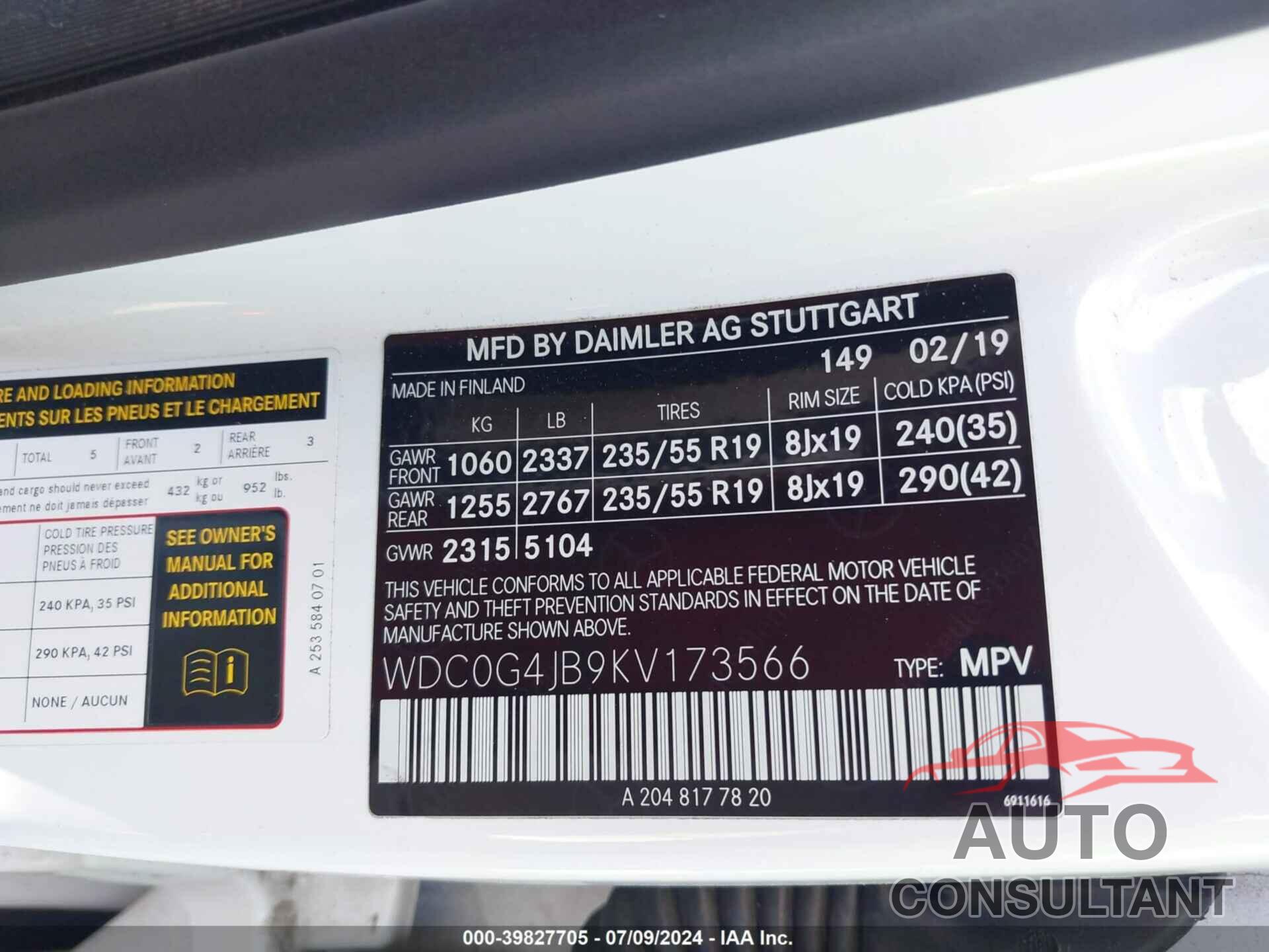MERCEDES-BENZ GLC 300 2019 - WDC0G4JB9KV173566