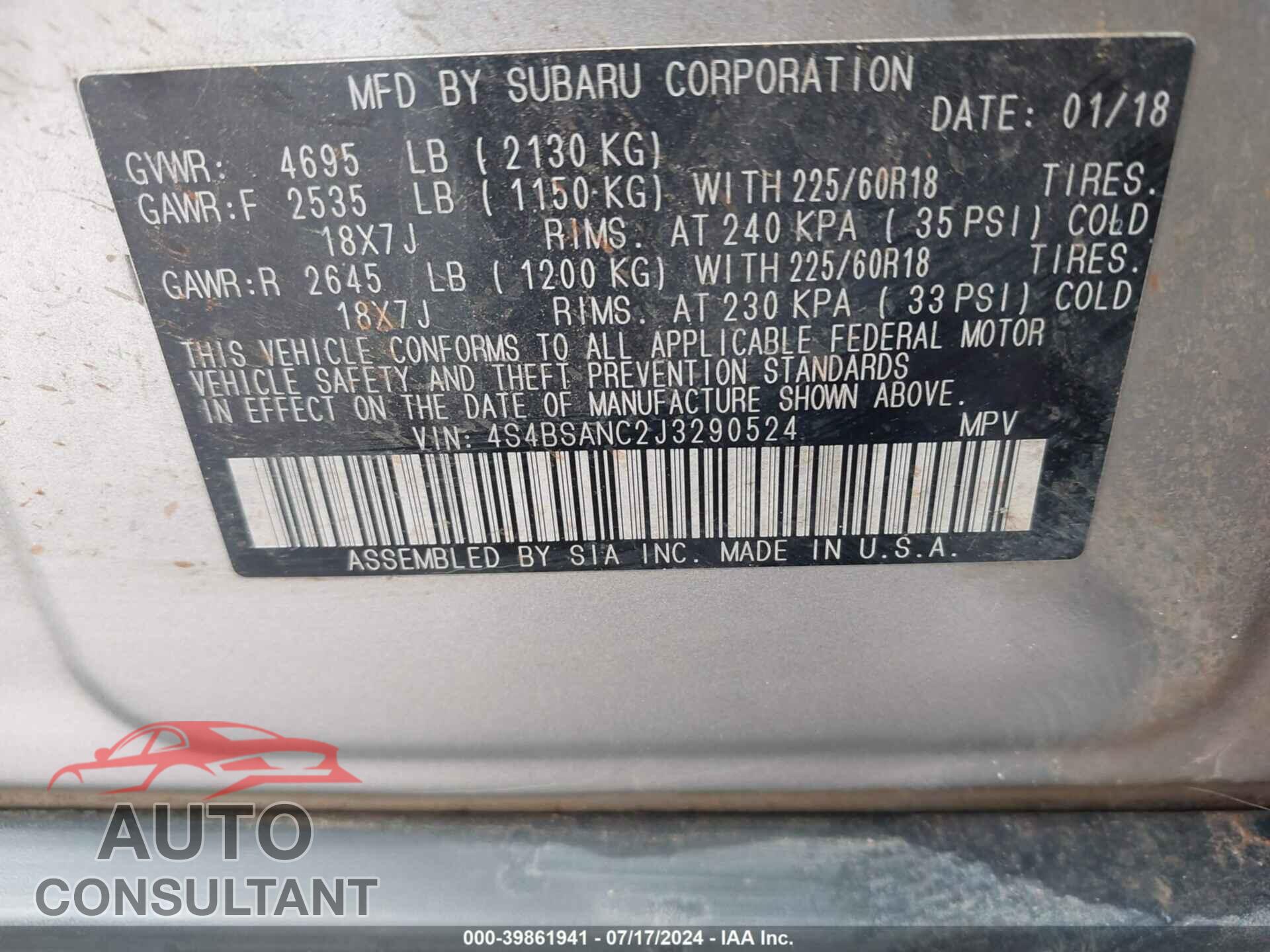 SUBARU OUTBACK 2018 - 4S4BSANC2J3290524