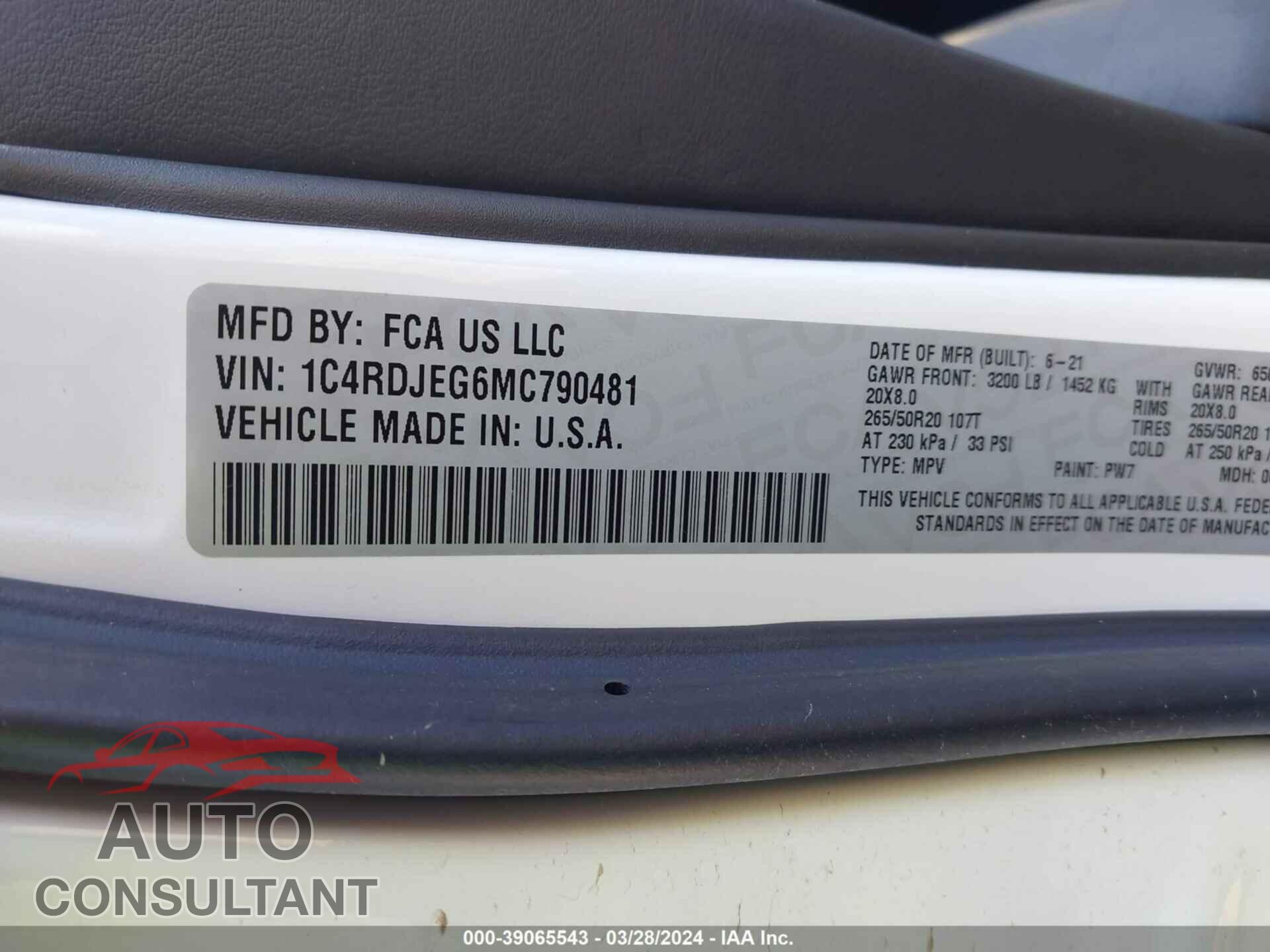 DODGE DURANGO 2021 - 1C4RDJEG6MC790481
