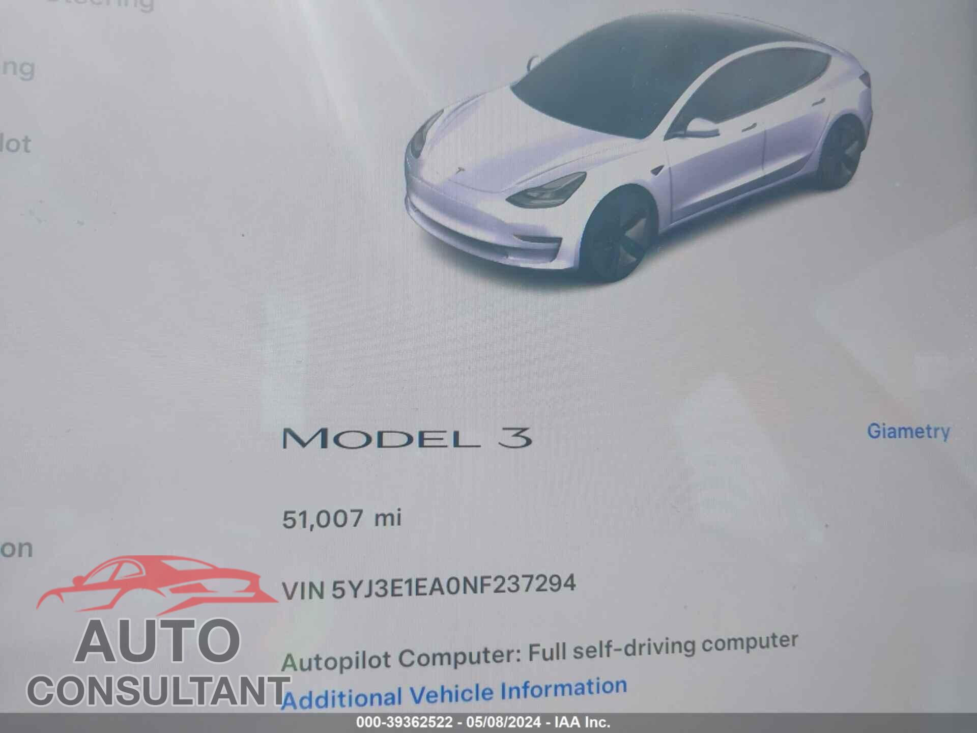 TESLA MODEL 3 2022 - 5YJ3E1EA0NF237294