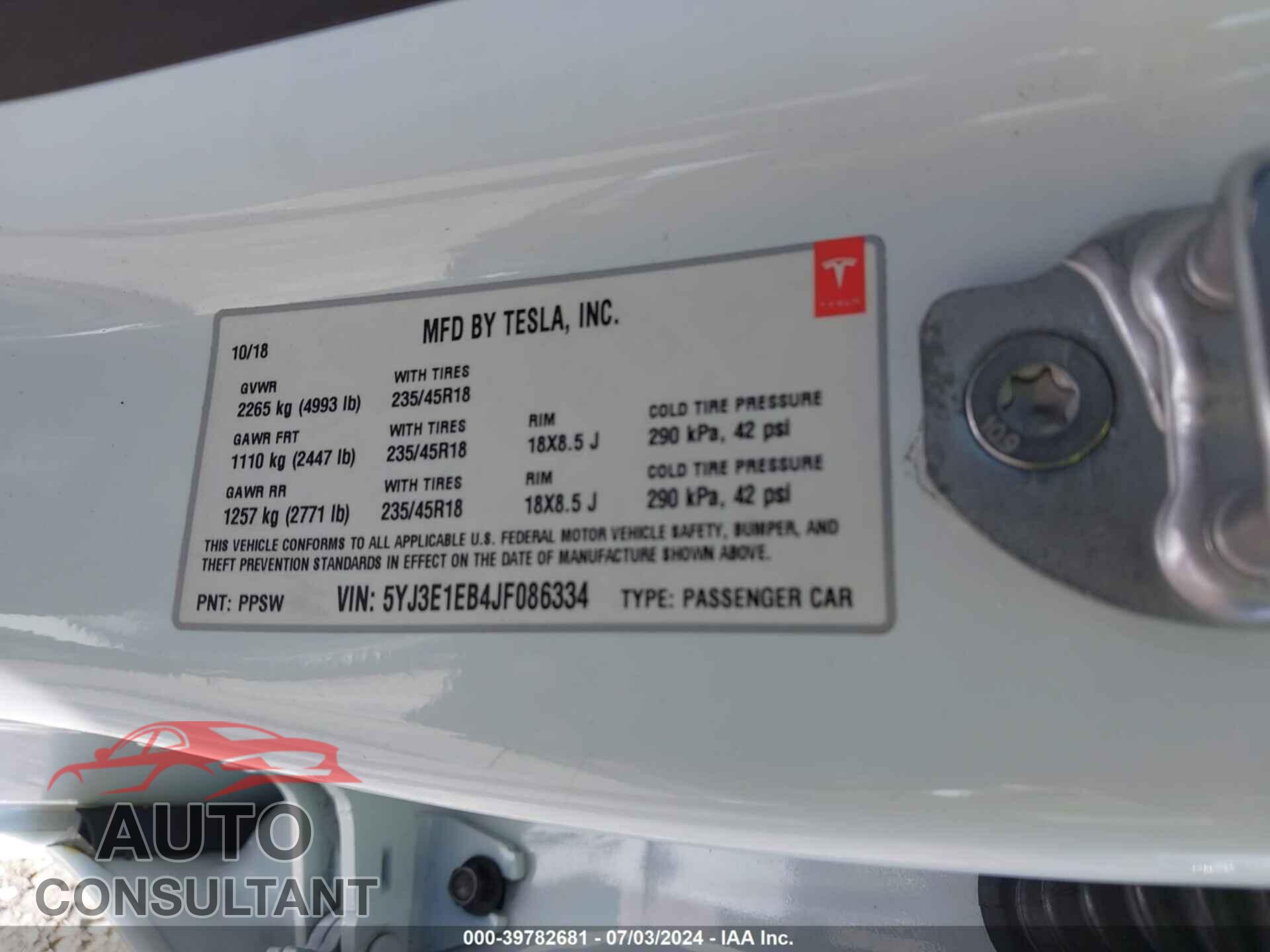 TESLA MODEL 3 2018 - 5YJ3E1EB4JF086334