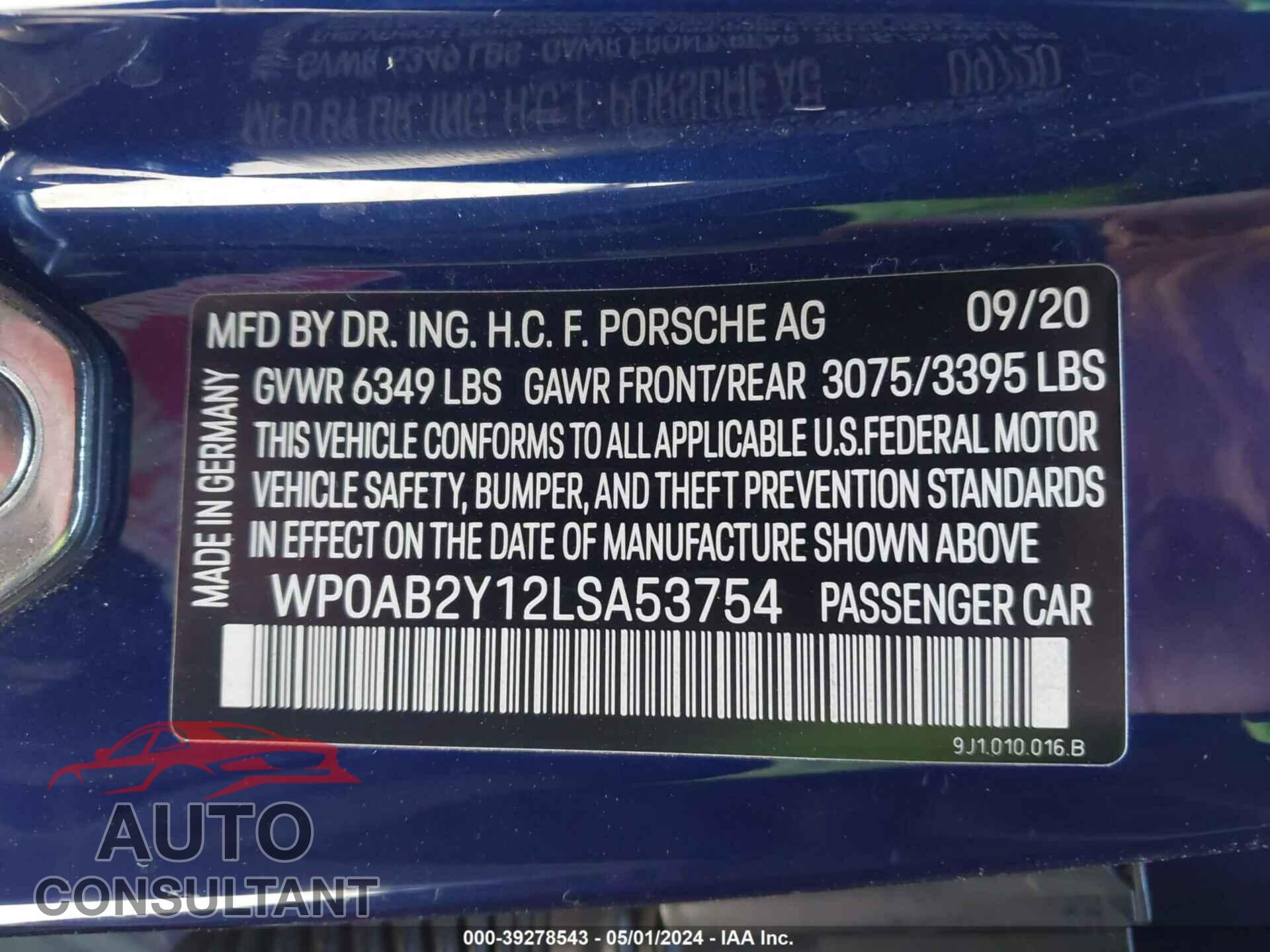 PORSCHE TAYCAN 2020 - WP0AB2Y12LSA53754