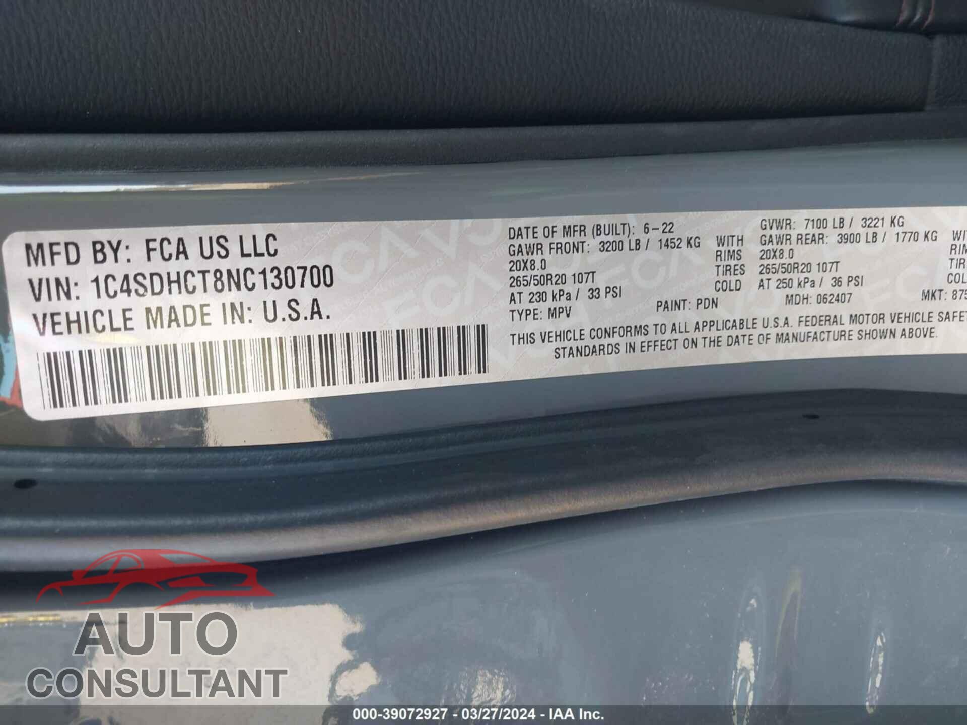 DODGE DURANGO 2022 - 1C4SDHCT8NC130700