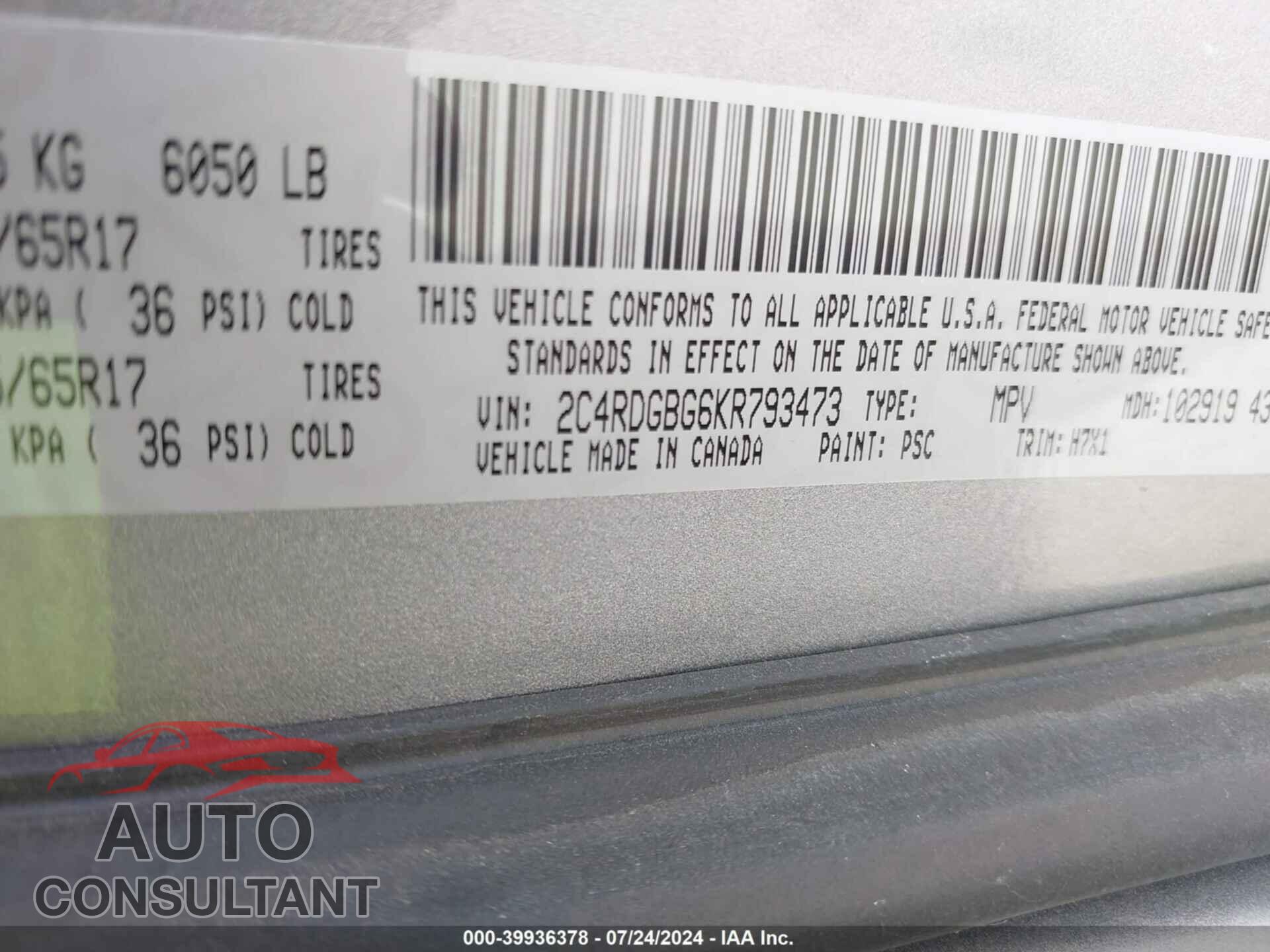 DODGE GRAND CARAVAN 2019 - 2C4RDGBG6KR793473
