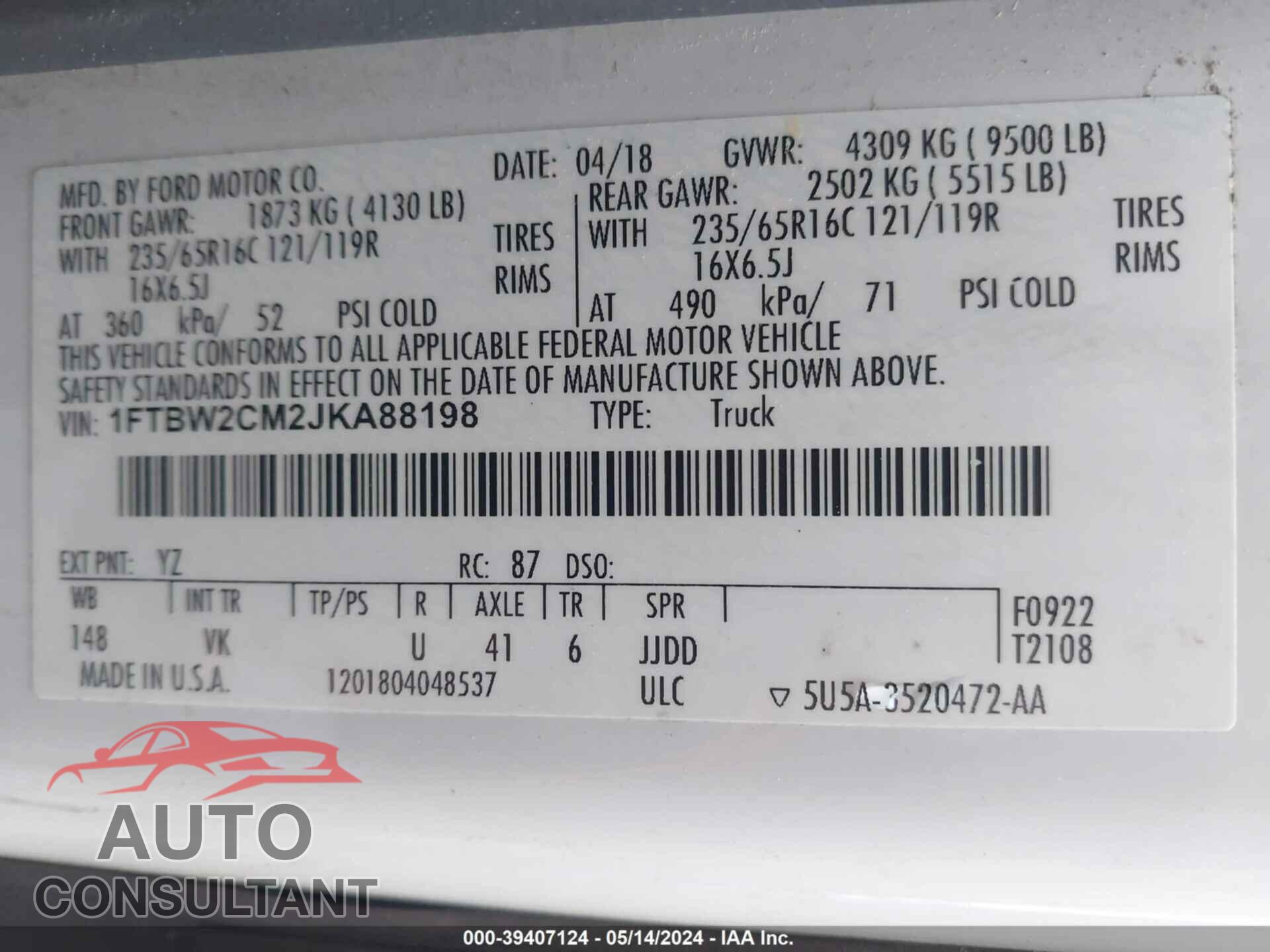 FORD TRANSIT-350 2018 - 1FTBW2CM2JKA88198