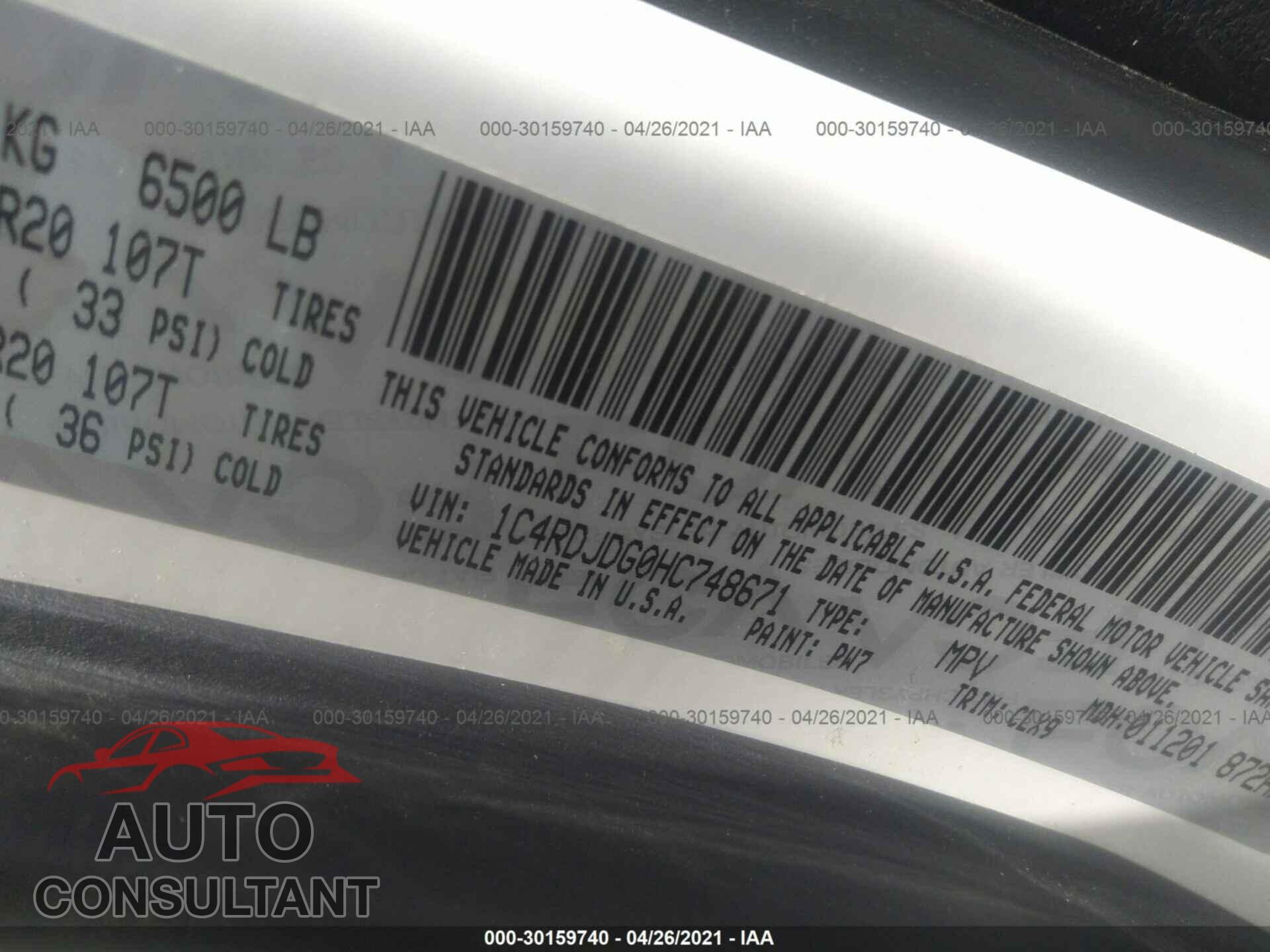 DODGE DURANGO 2017 - 1C4RDJDG0HC748671