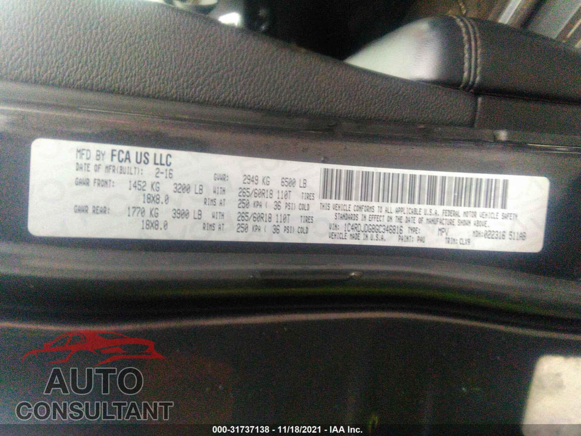 DODGE DURANGO 2016 - 1C4RDJDG8GC346816