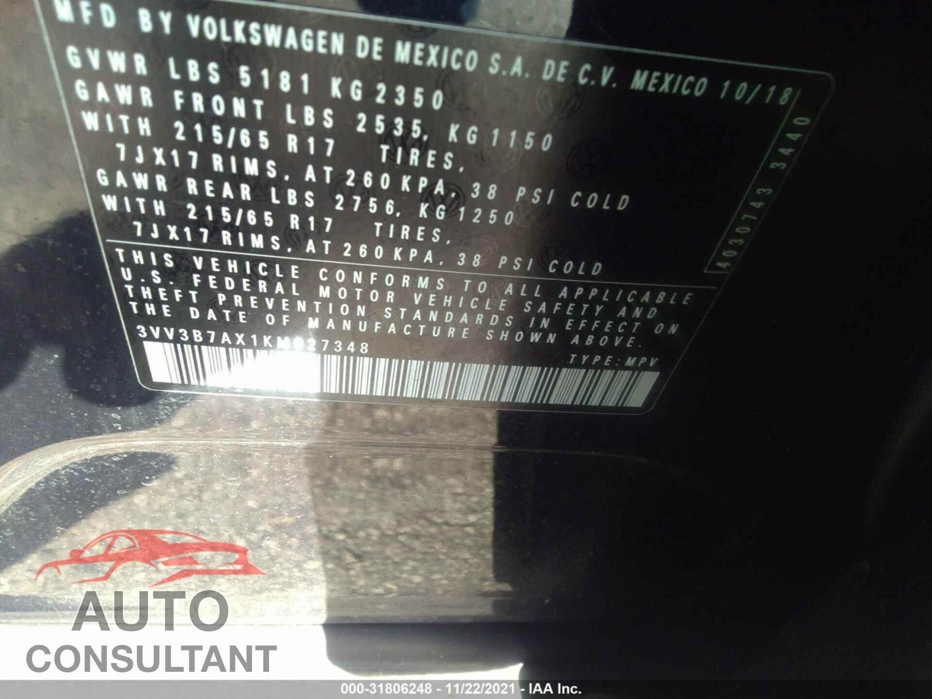 VOLKSWAGEN TIGUAN 2019 - 3VV3B7AX1KM027348