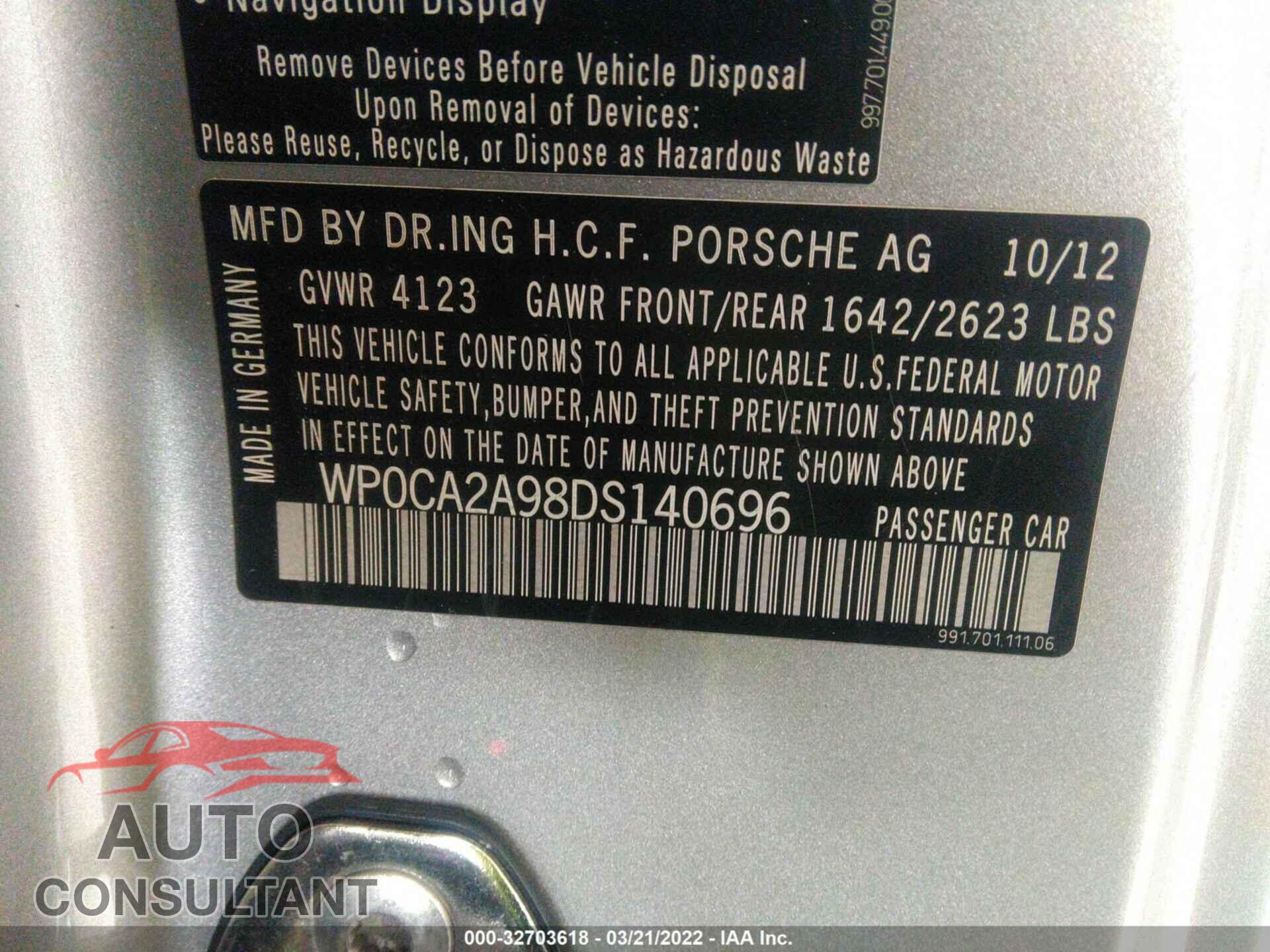 PORSCHE 911 2013 - WP0CA2A98DS140696