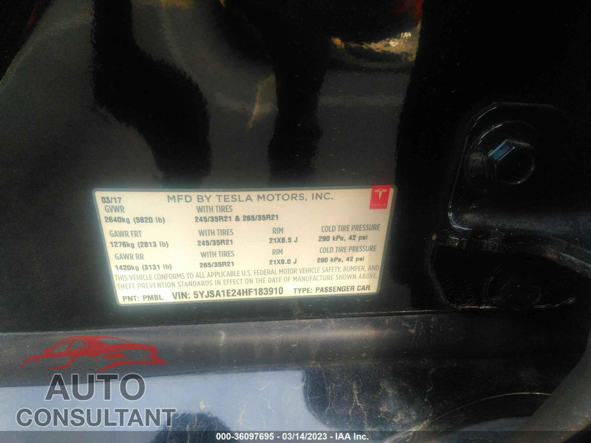 TESLA MODEL S 2017 - 5YJSA1E24HF183910