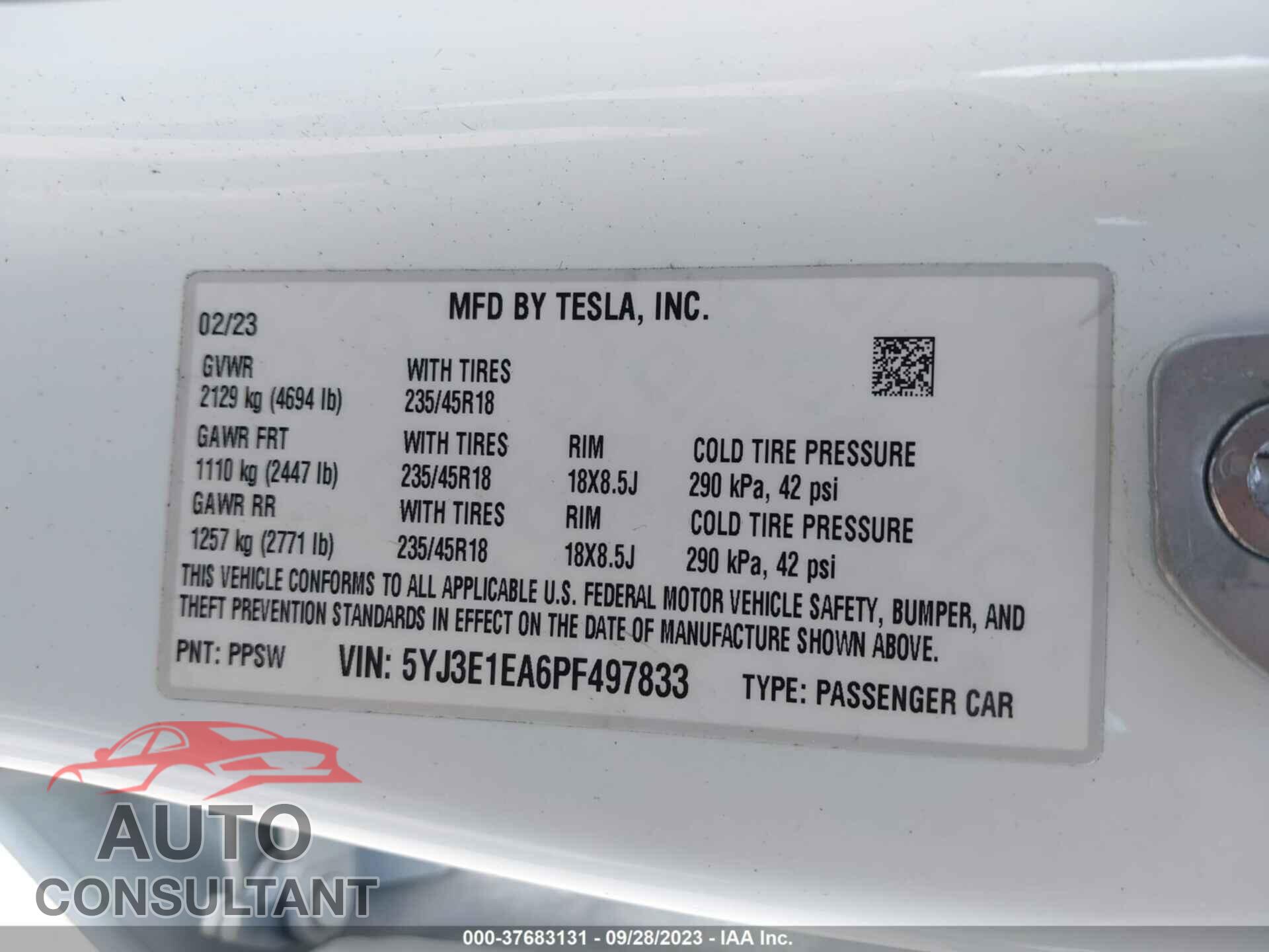 TESLA MODEL 3 2023 - 5YJ3E1EA6PF497833
