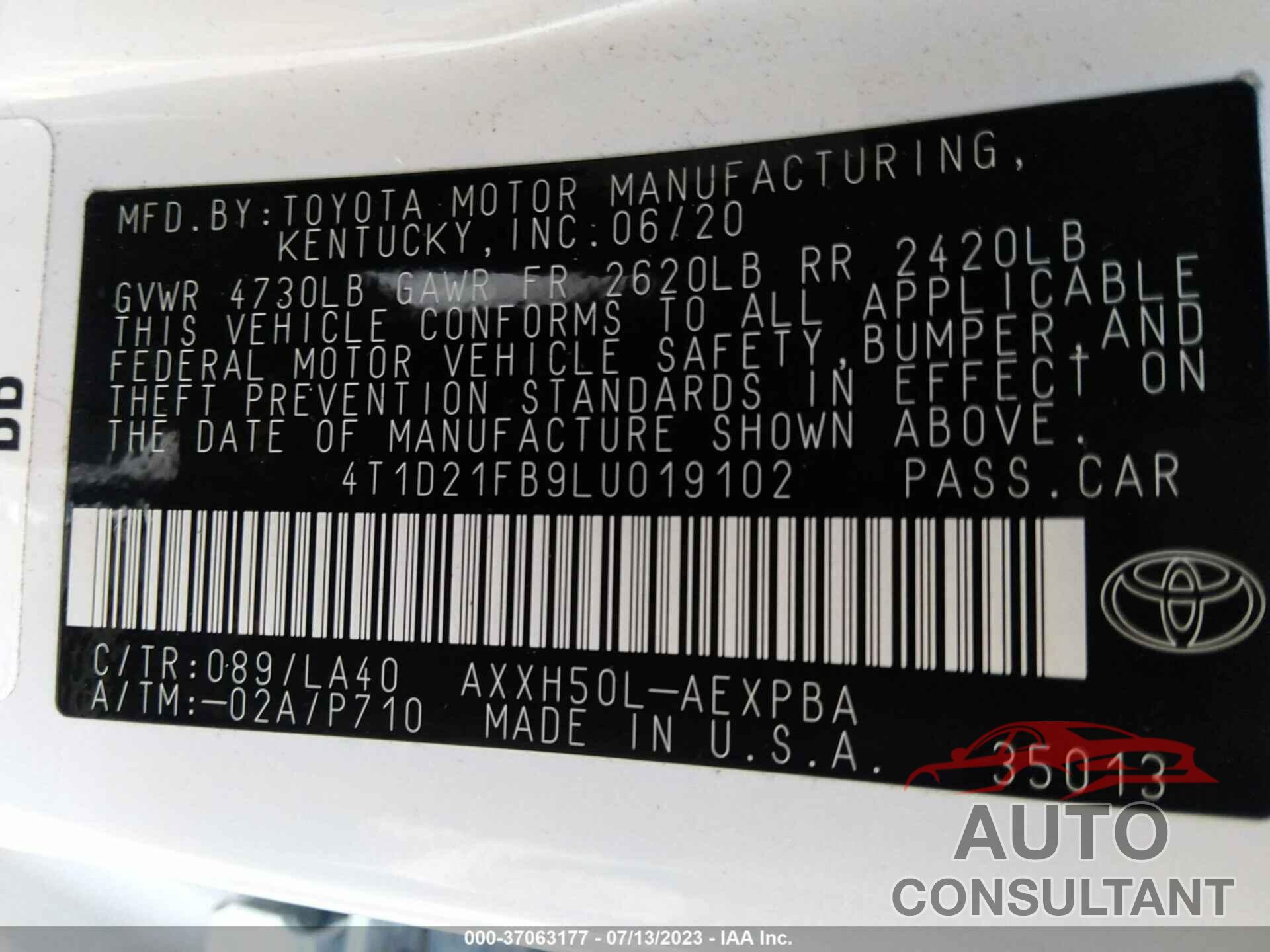 TOYOTA AVALON 2020 - 4T1D21FB9LU019102