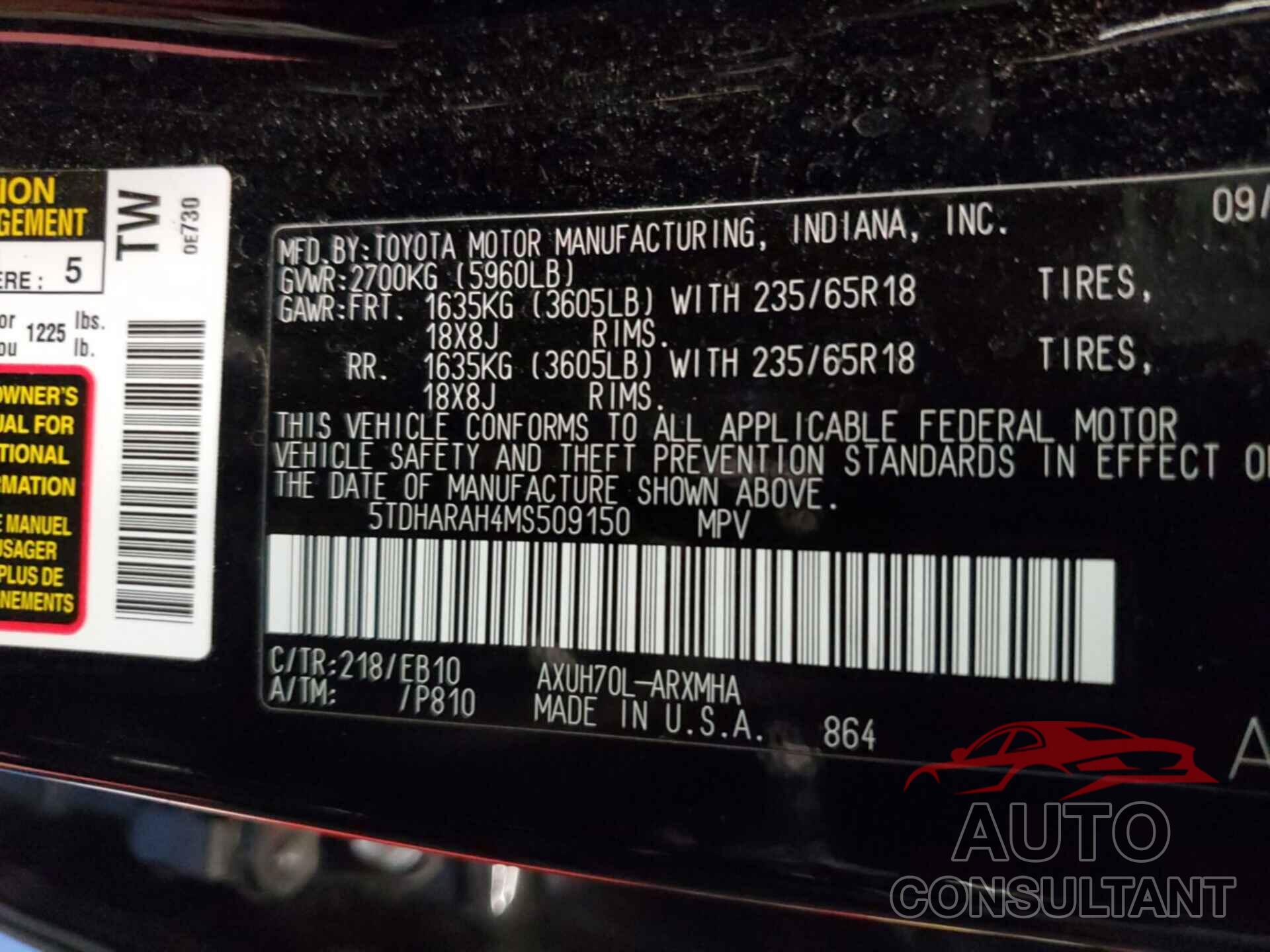 TOYOTA HIGHLANDER 2021 - 5TDHARAH4MS509150