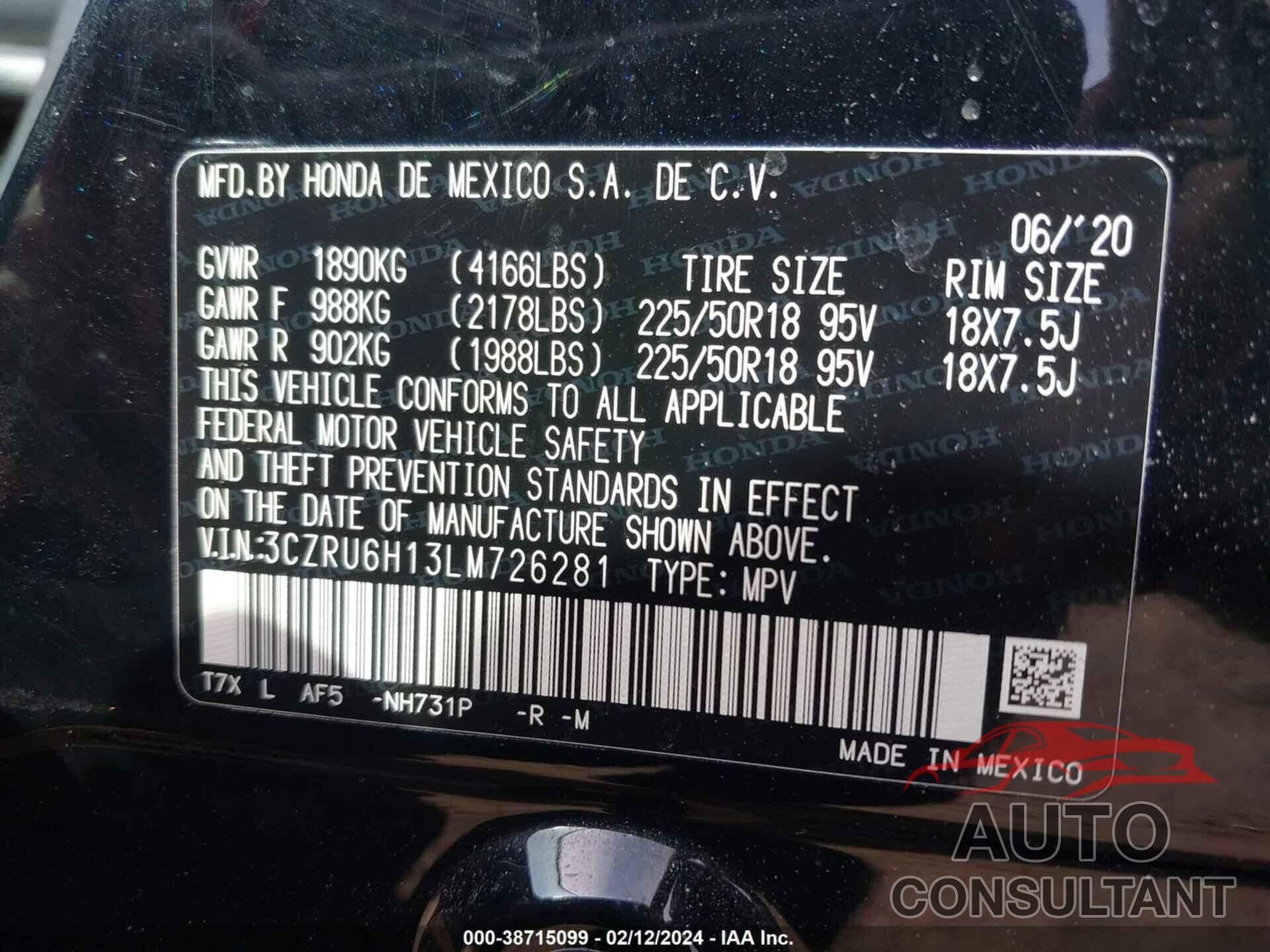 HONDA HR-V 2020 - 3CZRU6H13LM726281