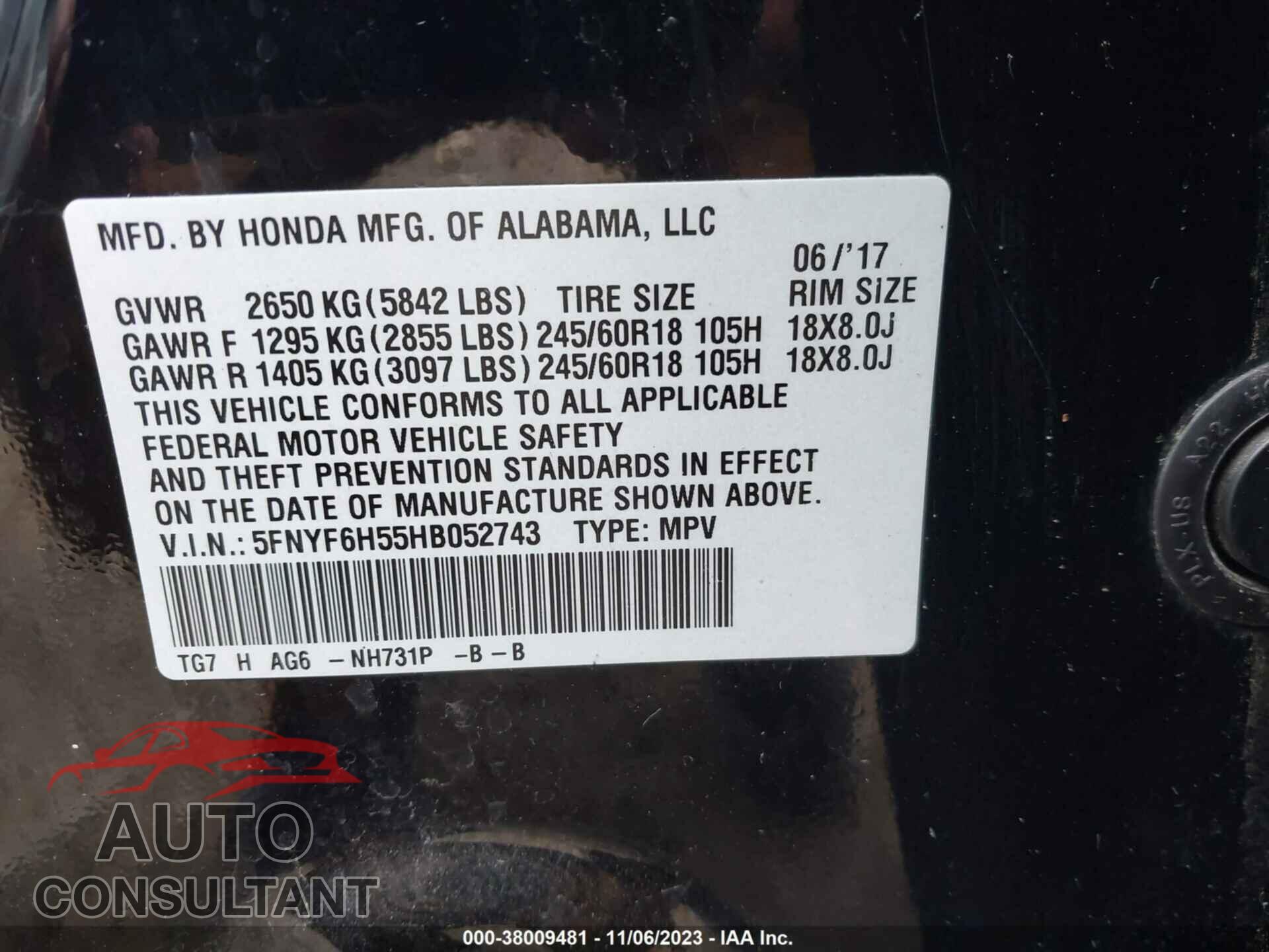 HONDA PILOT 2017 - 5FNYF6H55HB052743