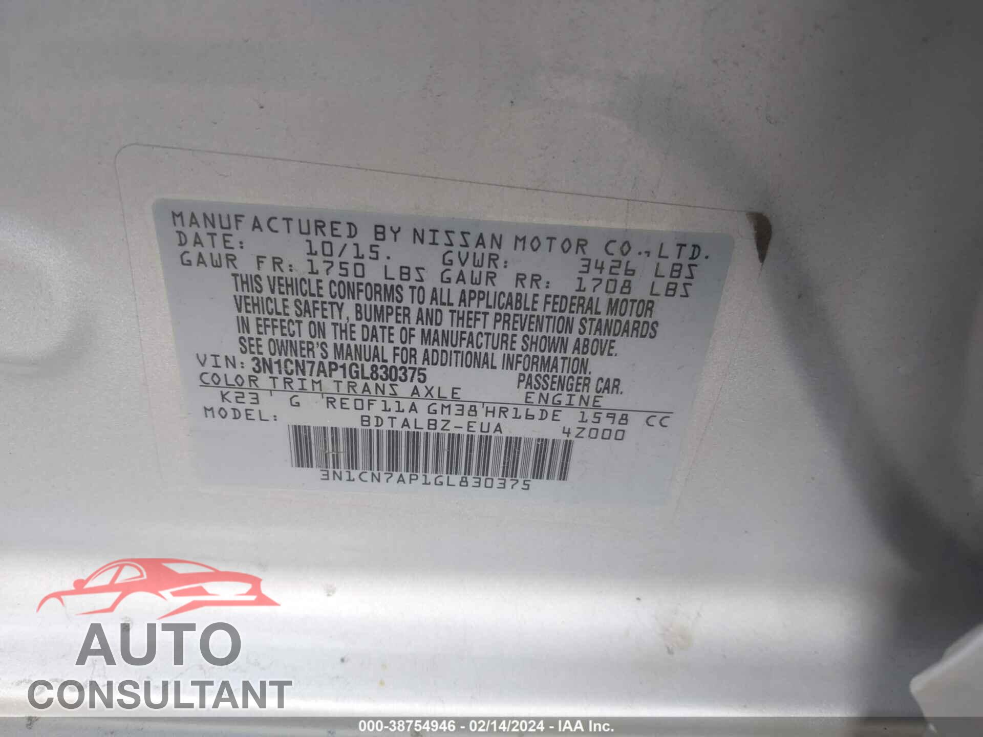 NISSAN VERSA 2016 - 3N1CN7AP1GL830375