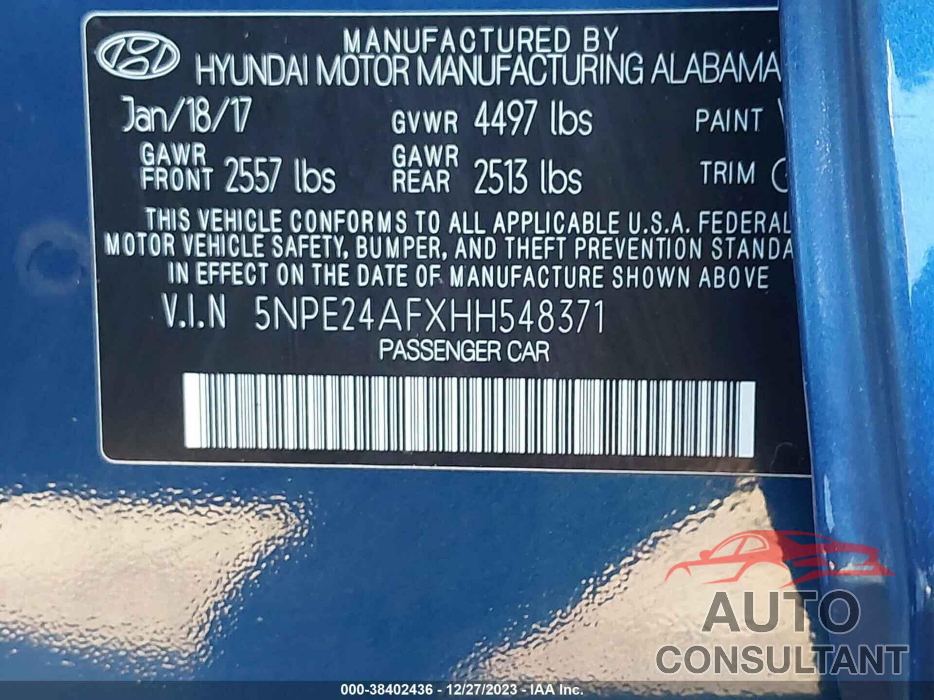 HYUNDAI SONATA 2017 - 5NPE24AFXHH548371