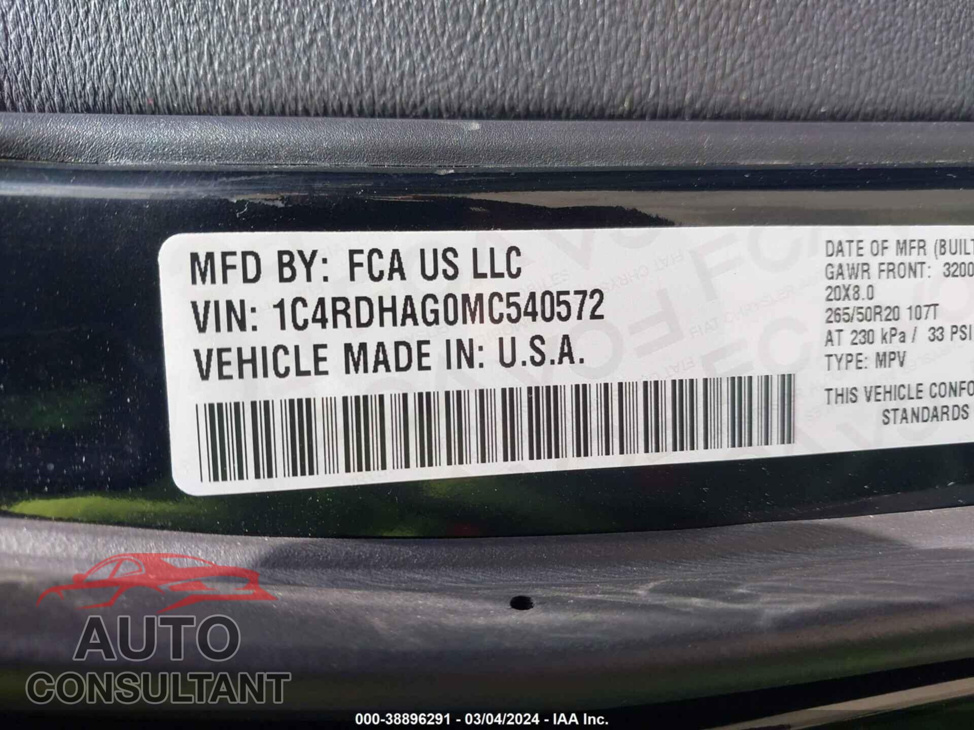 DODGE DURANGO 2021 - 1C4RDHAG0MC540572