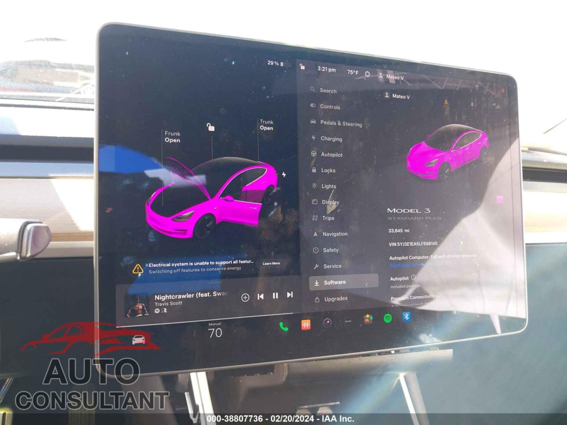 TESLA MODEL 3 2020 - 5YJ3E1EA5LF598145