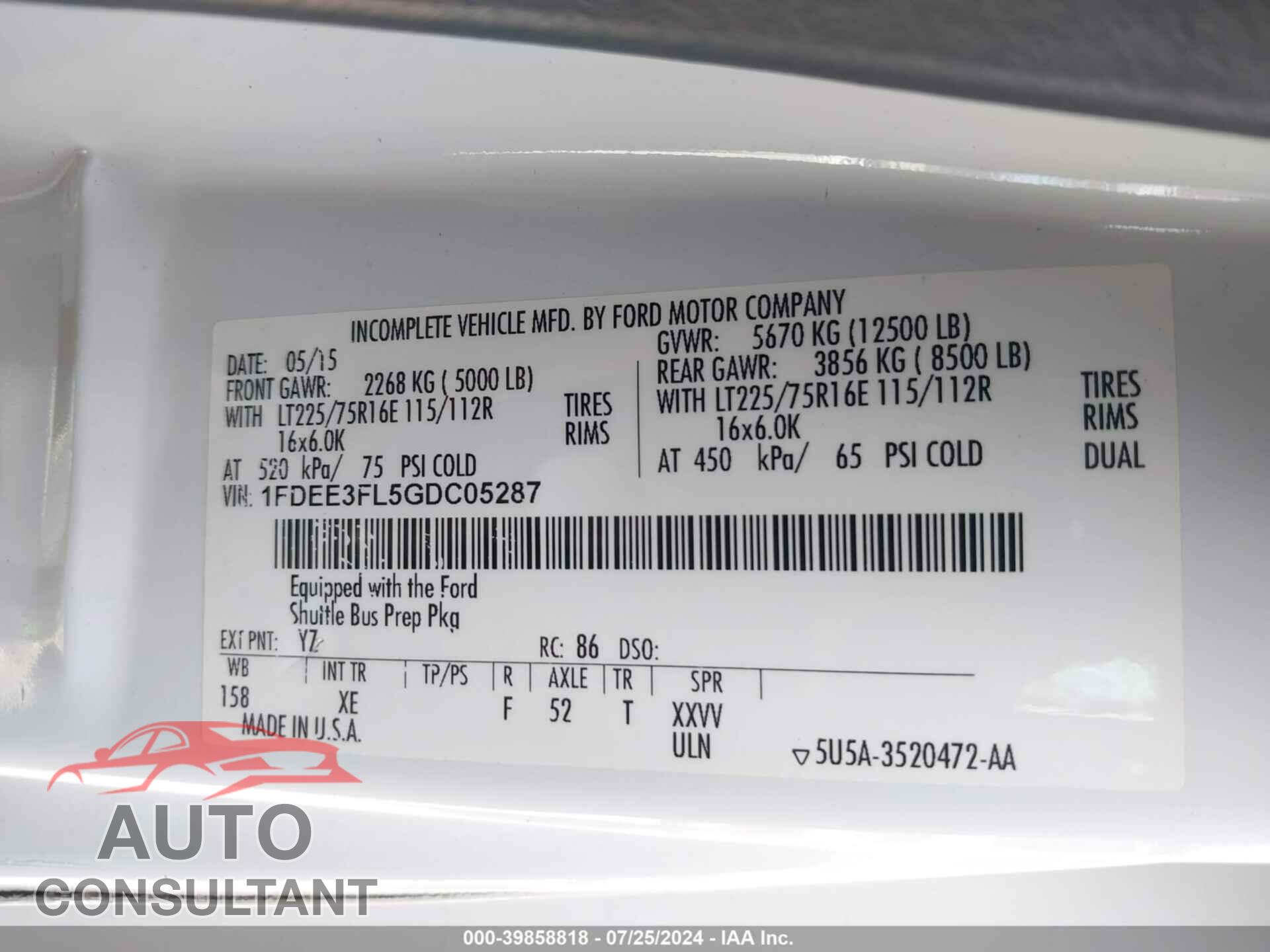 FORD E-350 CUTAWAY 2016 - 1FDEE3FL5GDC05287