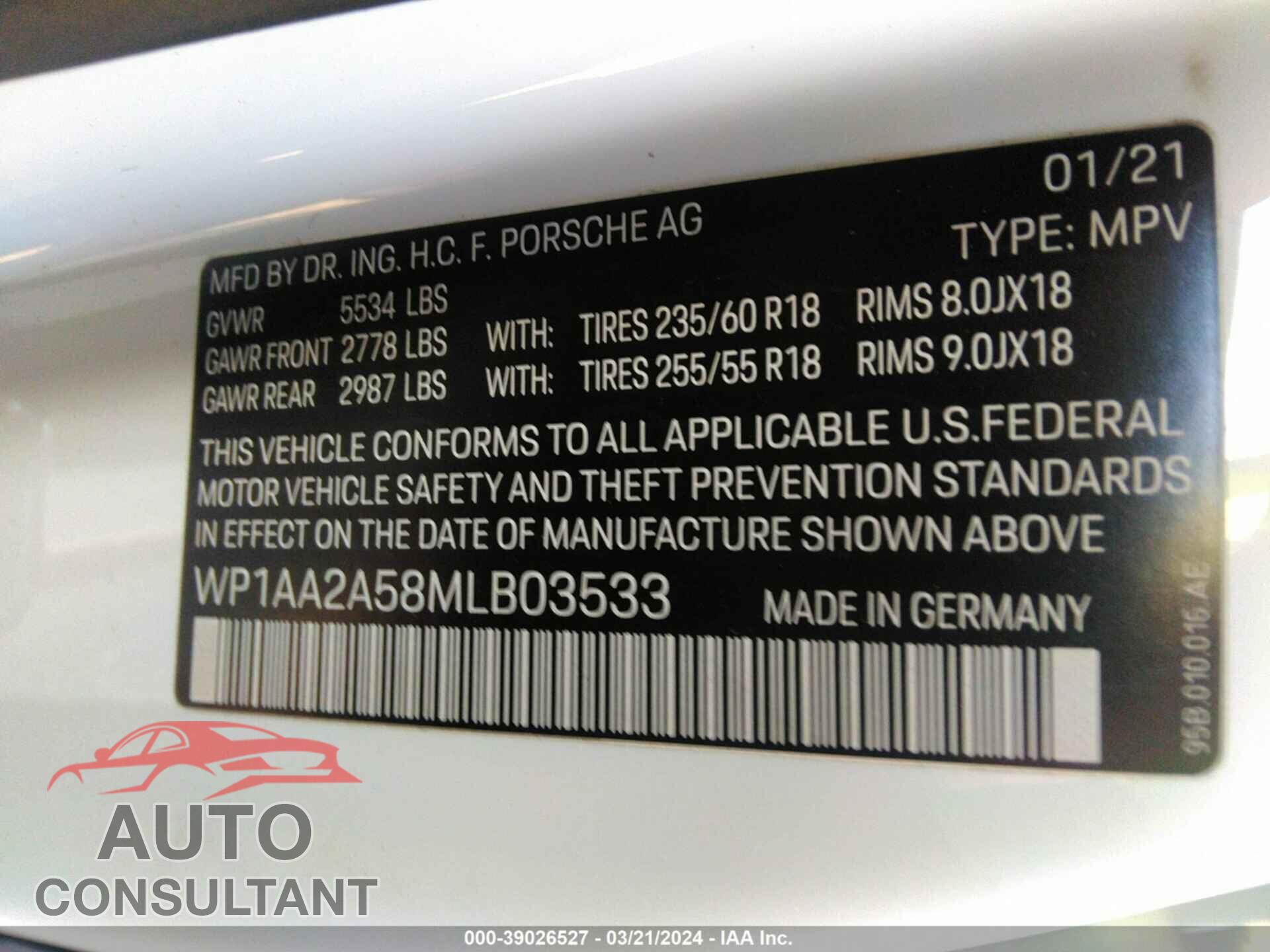 PORSCHE MACAN 2021 - WP1AA2A58MLB03533