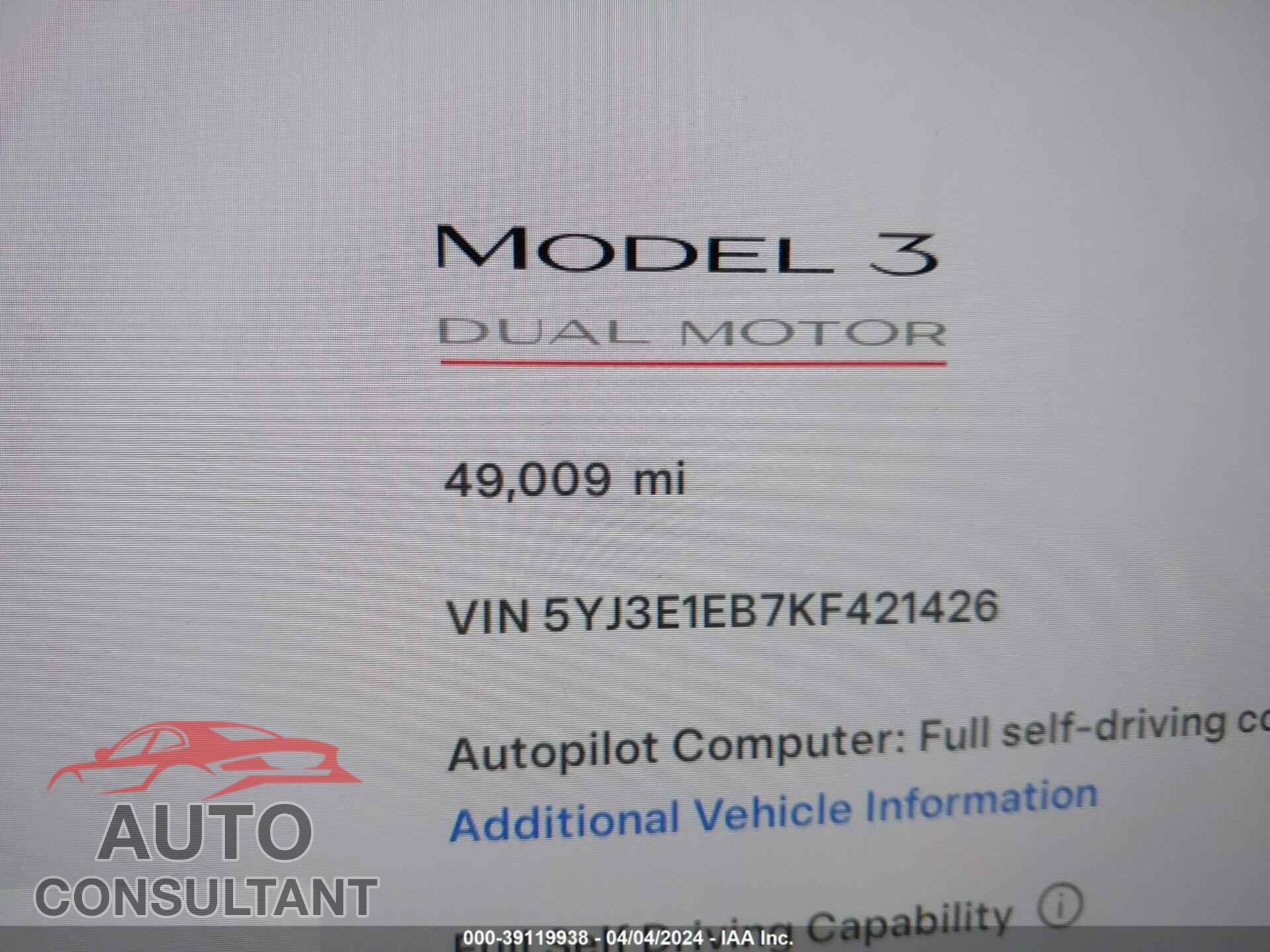 TESLA MODEL 3 2019 - 5YJ3E1EB7KF421426