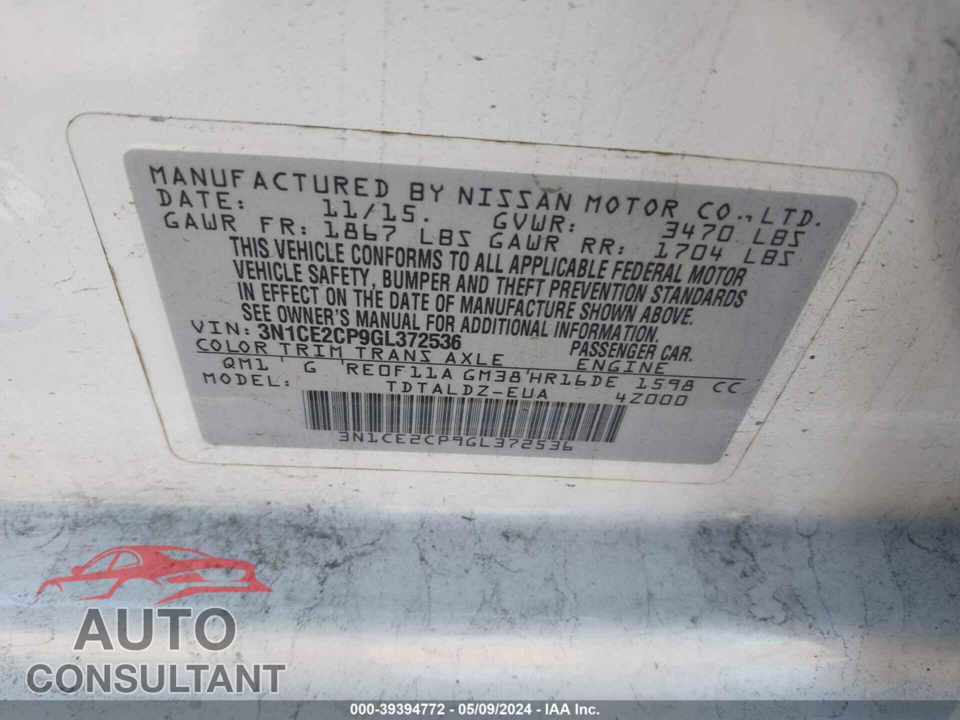 NISSAN VERSA NOTE 2016 - 3N1CE2CP9GL372536