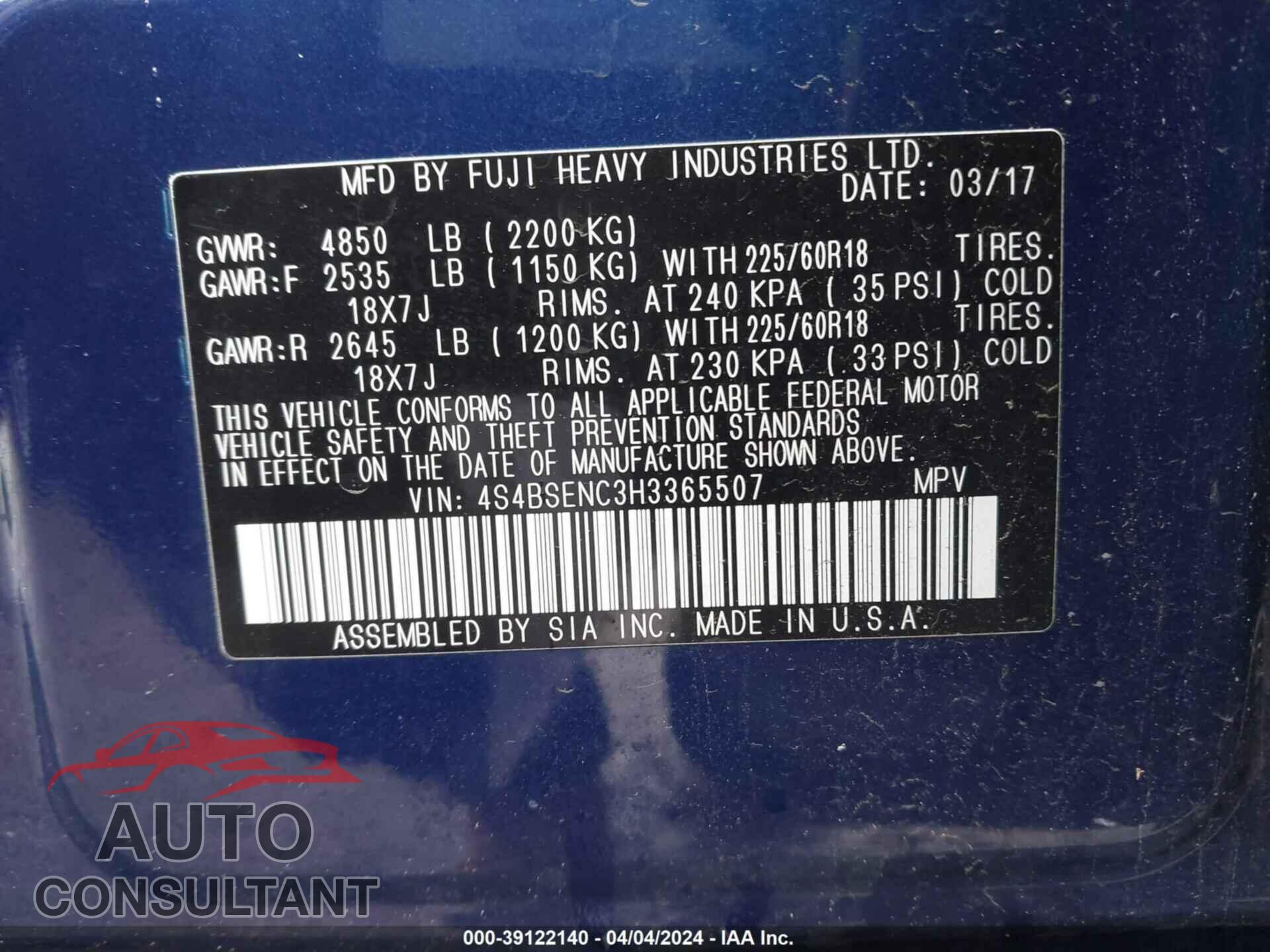 SUBARU OUTBACK 2017 - 4S4BSENC3H3365507
