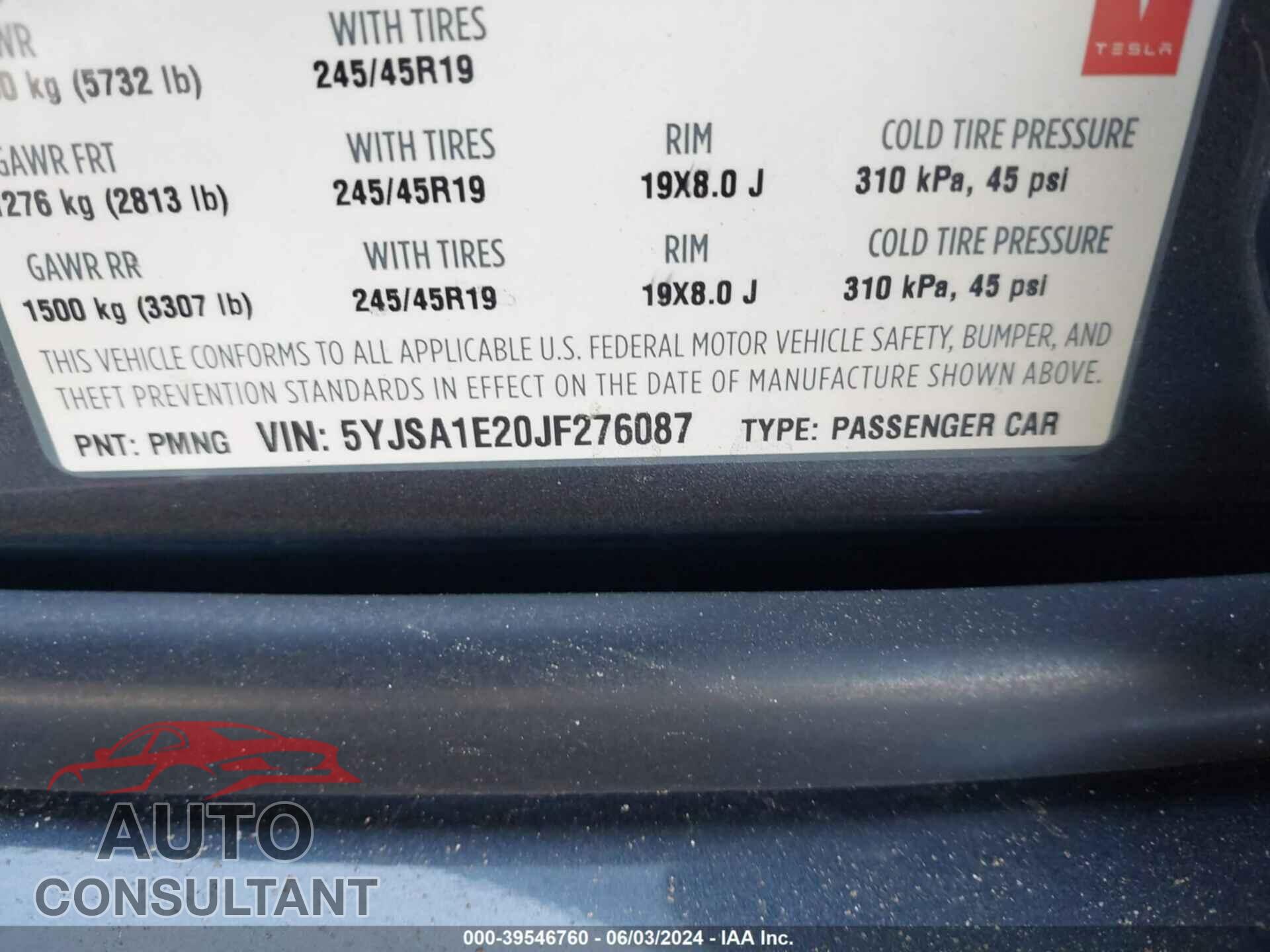TESLA MODEL S 2018 - 5YJSA1E20JF276087