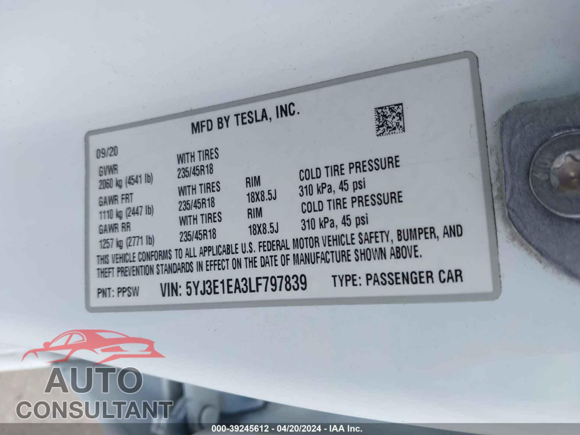 TESLA MODEL 3 2020 - 5YJ3E1EA3LF797839