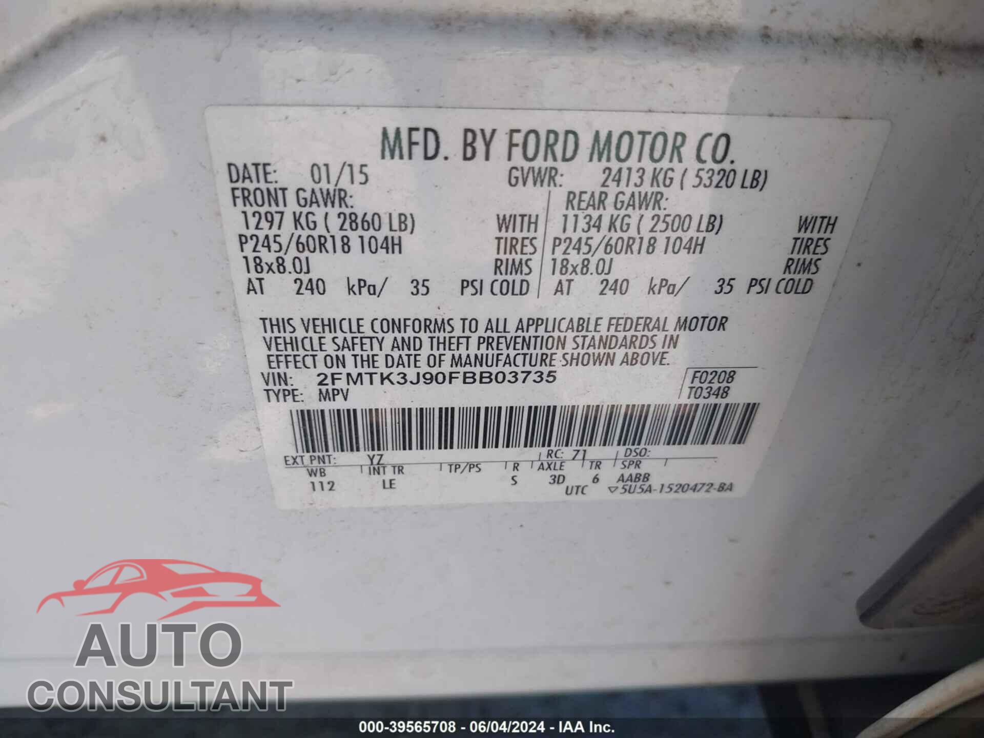 FORD EDGE 2015 - 2FMTK3J90FBB03735