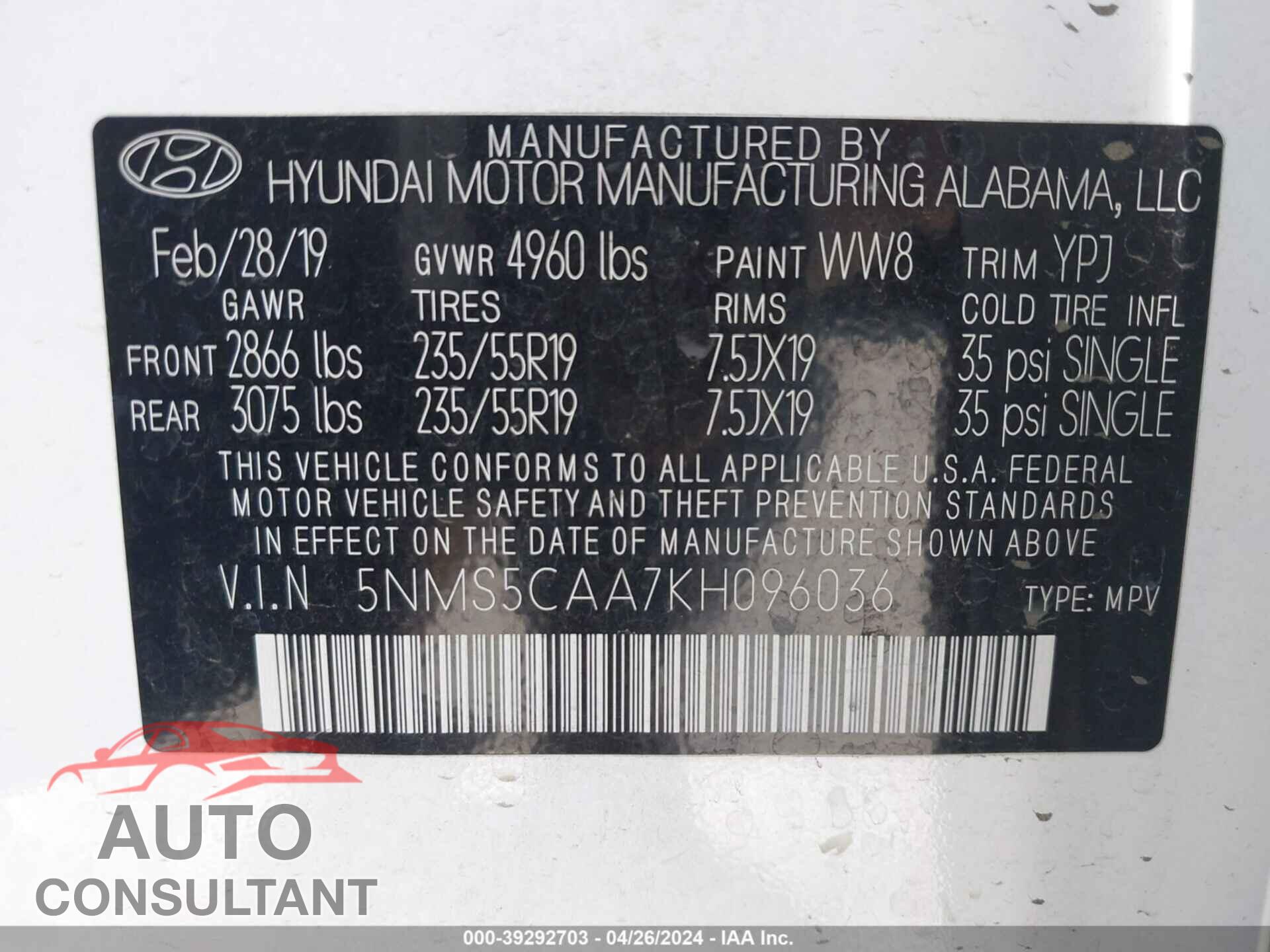 HYUNDAI SANTA FE 2019 - 5NMS5CAA7KH096036