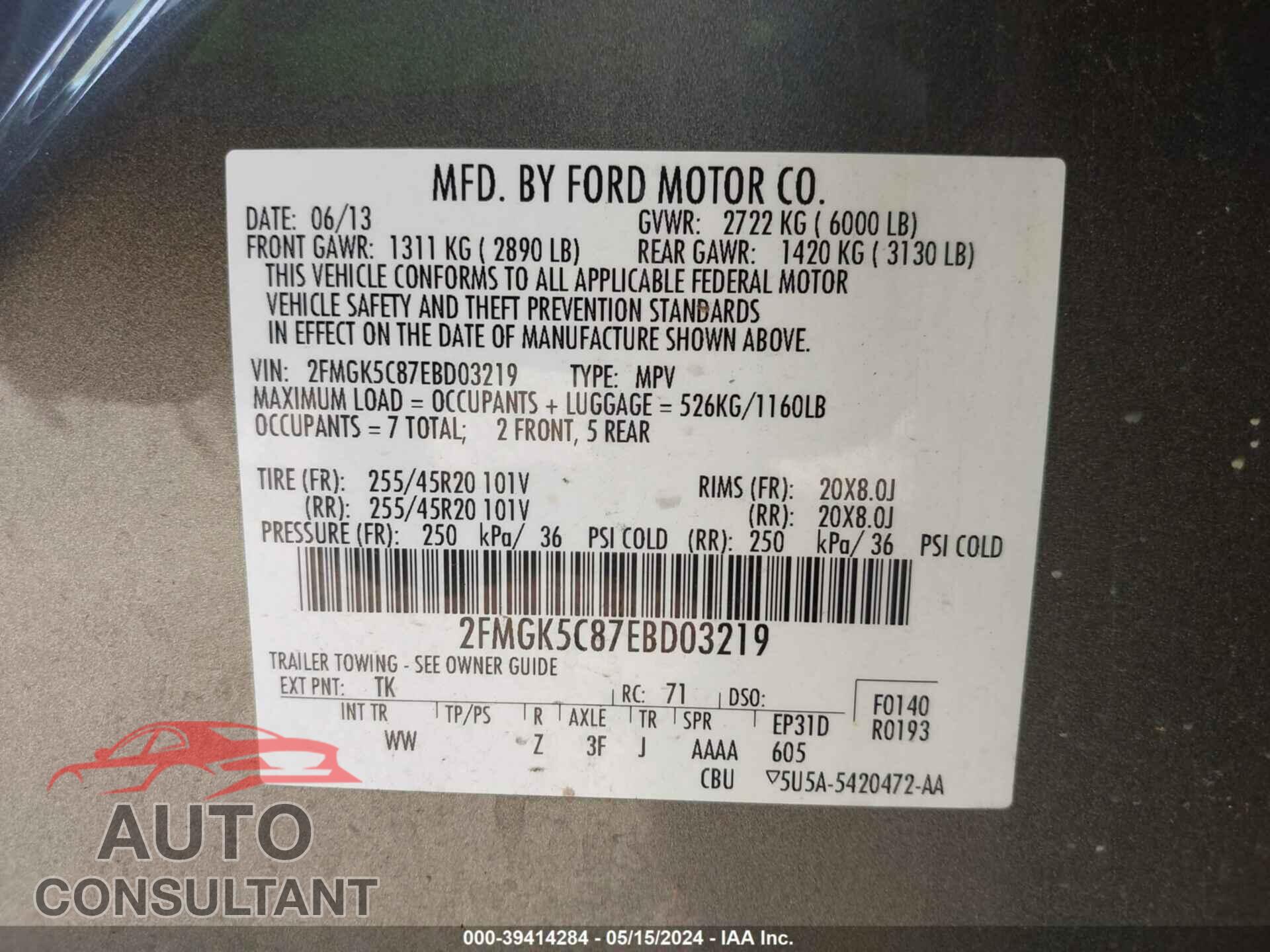 FORD FLEX 2014 - 2FMGK5C87EBD03219