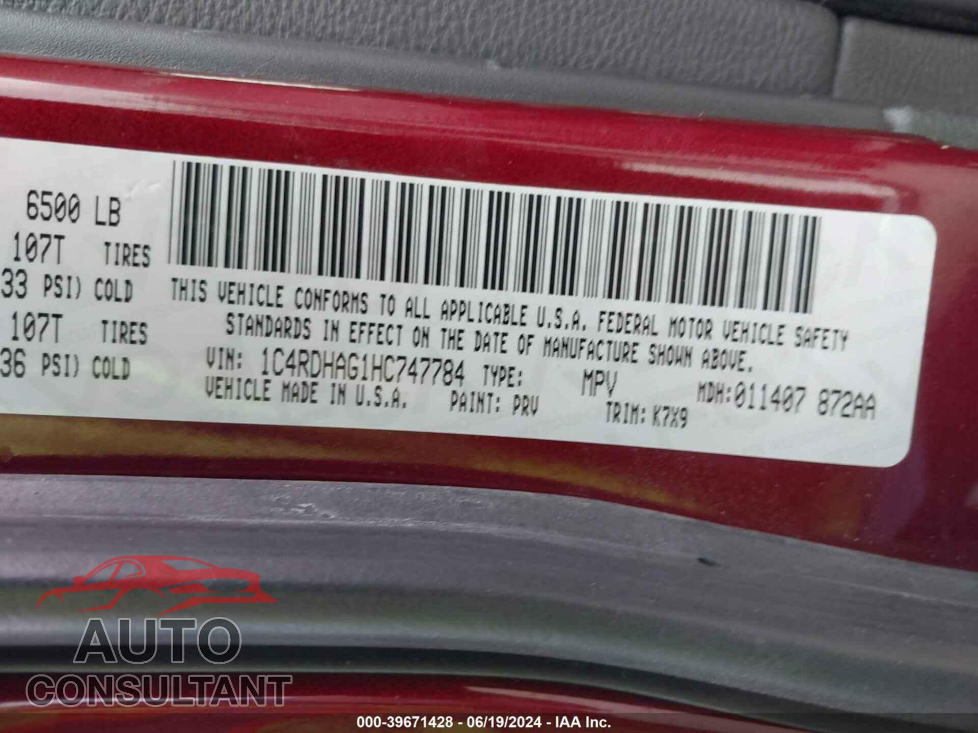 DODGE DURANGO 2017 - 1C4RDHAG1HC747784