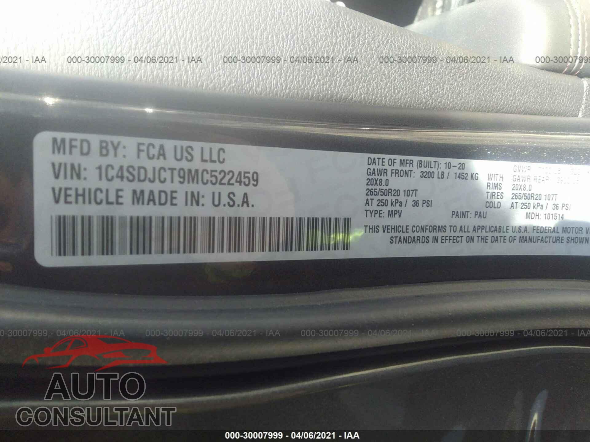 DODGE DURANGO 2021 - 1C4SDJCT9MC522459