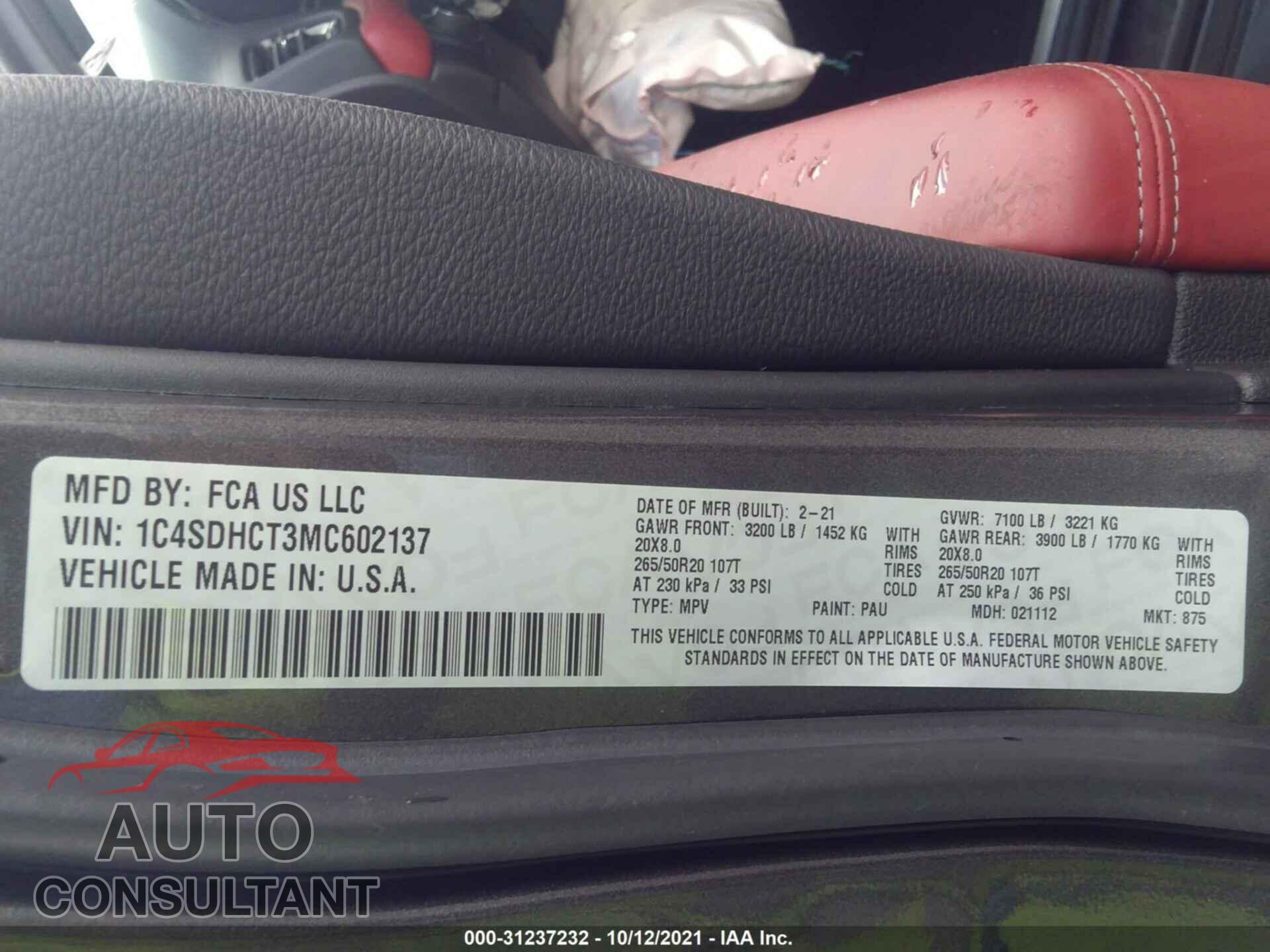 DODGE DURANGO 2021 - 1C4SDHCT3MC602137