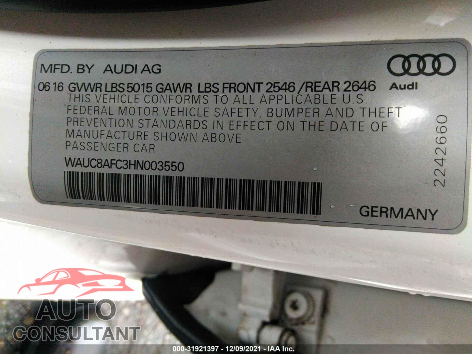 AUDI A6 2017 - WAUC8AFC3HN003550