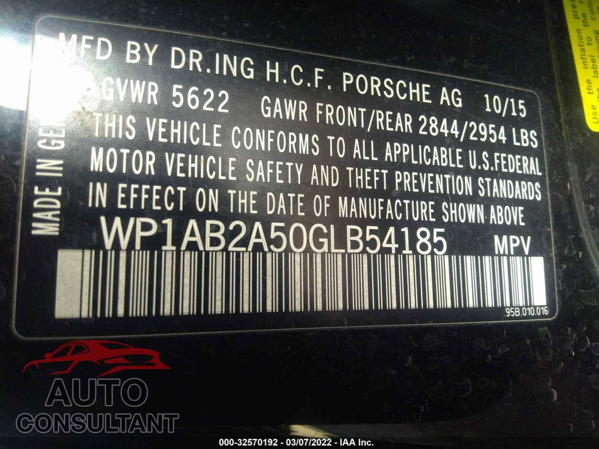 PORSCHE MACAN 2016 - WP1AB2A50GLB54185