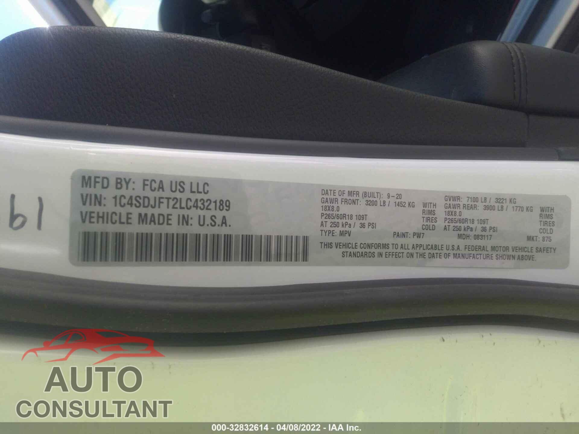 DODGE DURANGO 2020 - 1C4SDJFT2LC432189
