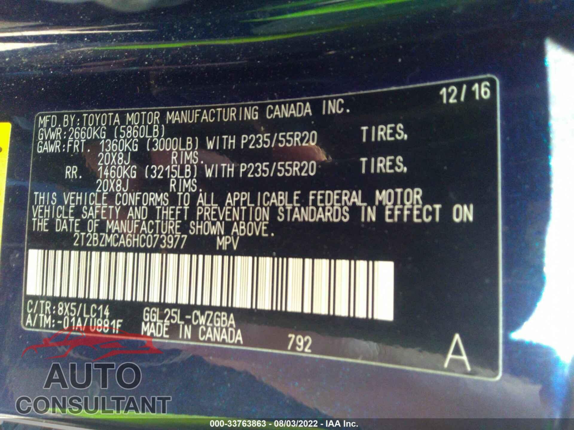 LEXUS RX 2017 - 2T2BZMCA6HC073977