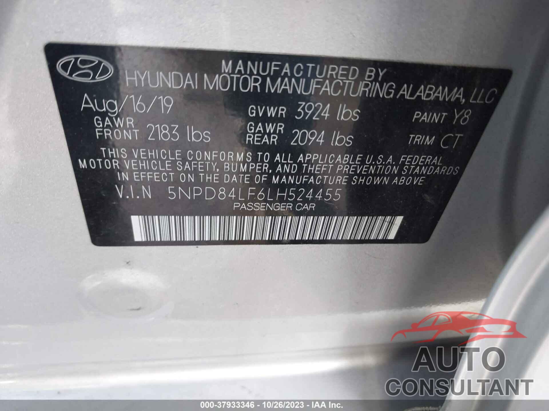 HYUNDAI ELANTRA 2020 - 5NPD84LF6LH524455