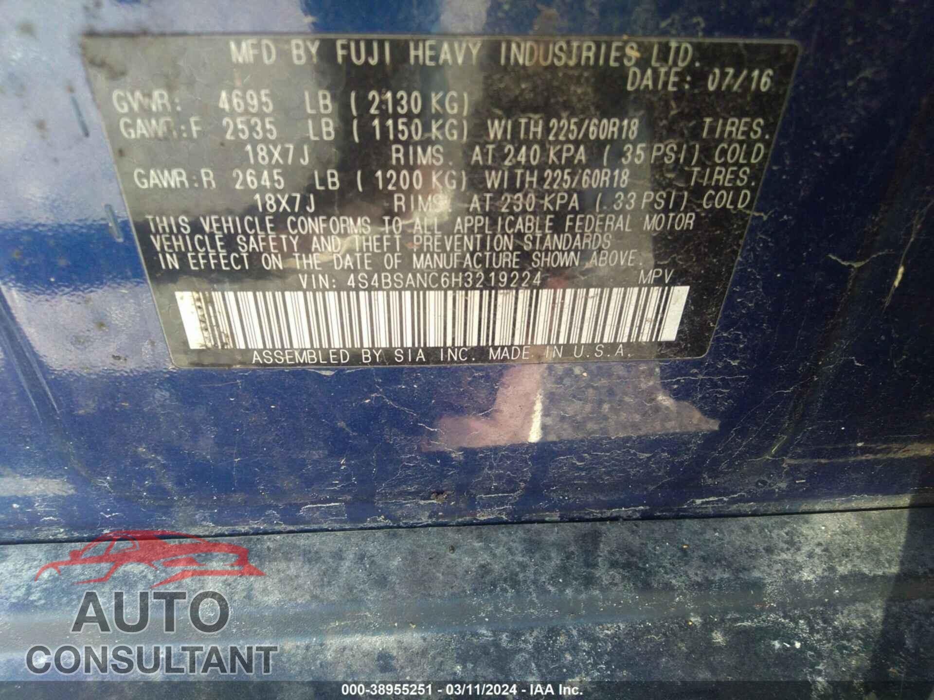 SUBARU OUTBACK 2017 - 4S4BSANC6H3219224