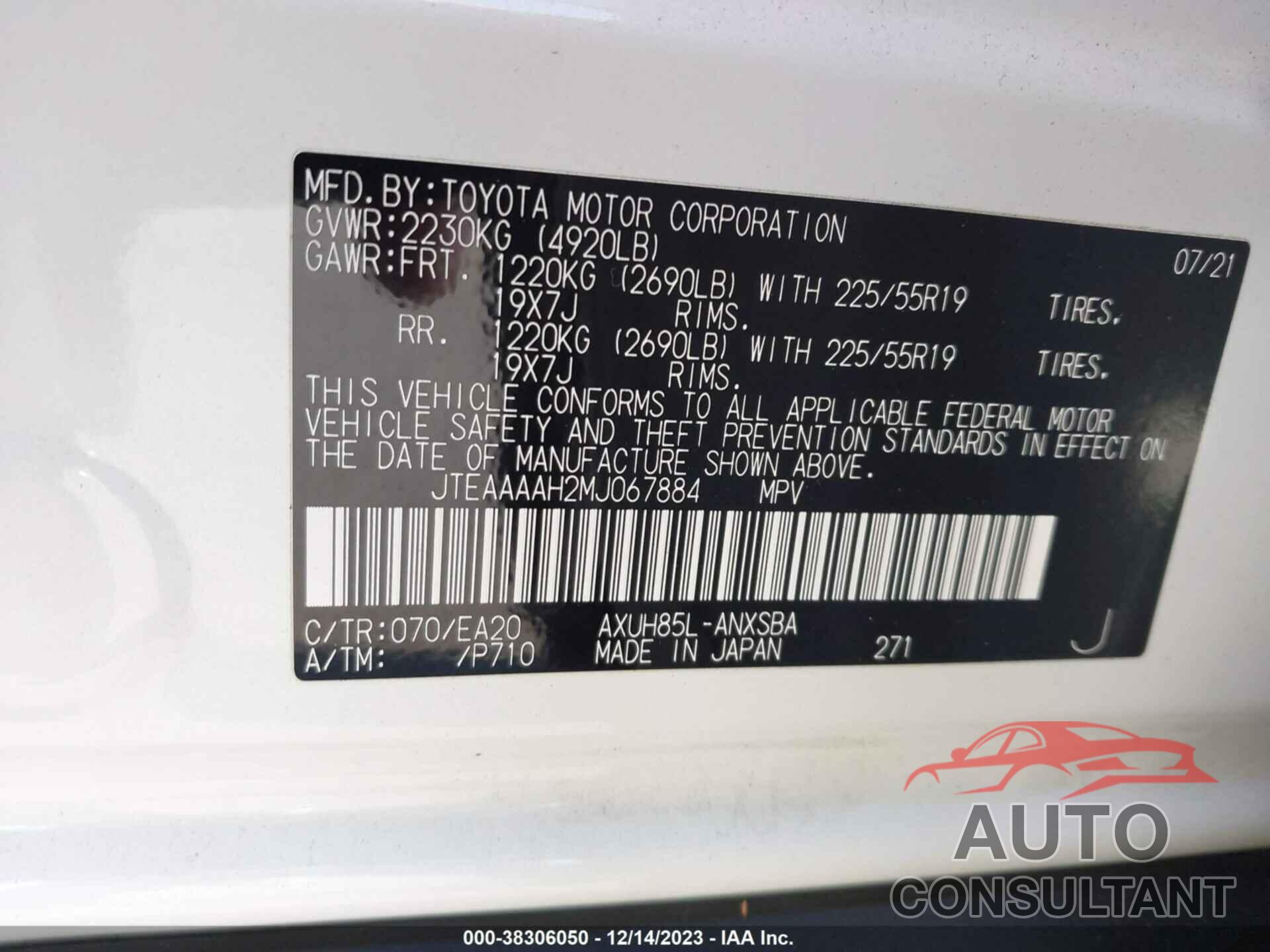 TOYOTA VENZA 2021 - JTEAAAAH2MJ067884