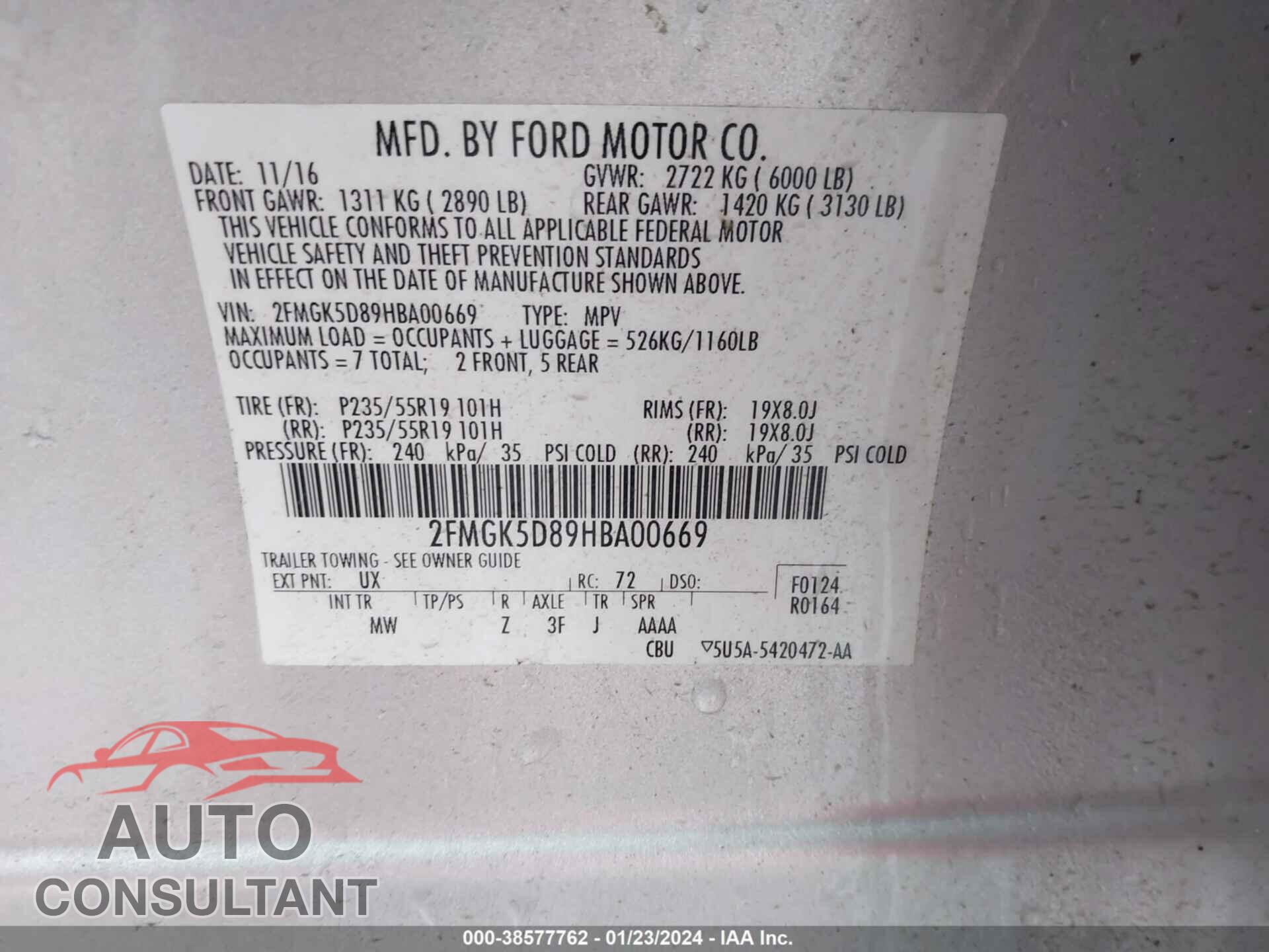 FORD FLEX 2017 - 2FMGK5D89HBA00669