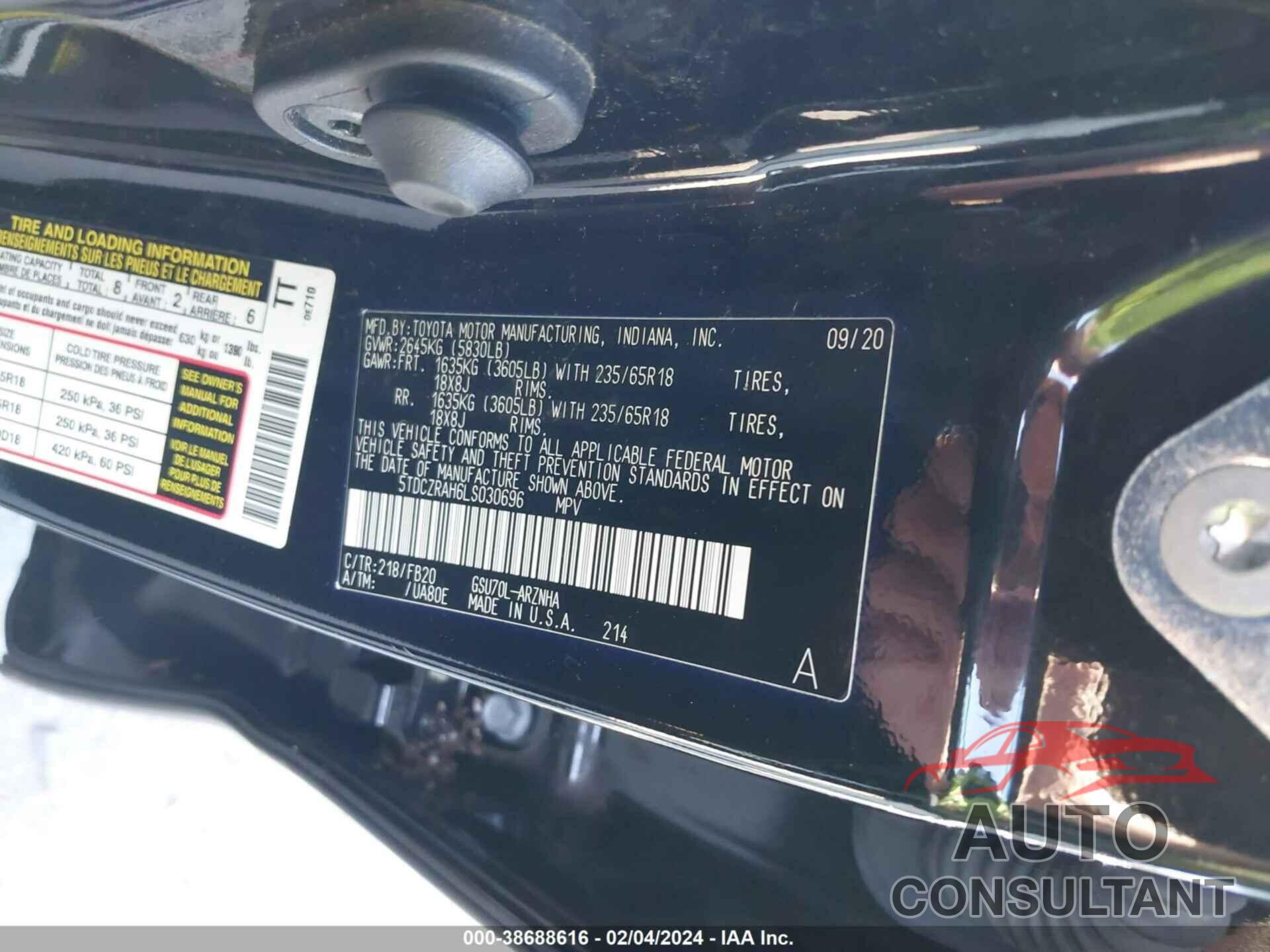 TOYOTA HIGHLANDER 2020 - 5TDCZRAH6LS030696